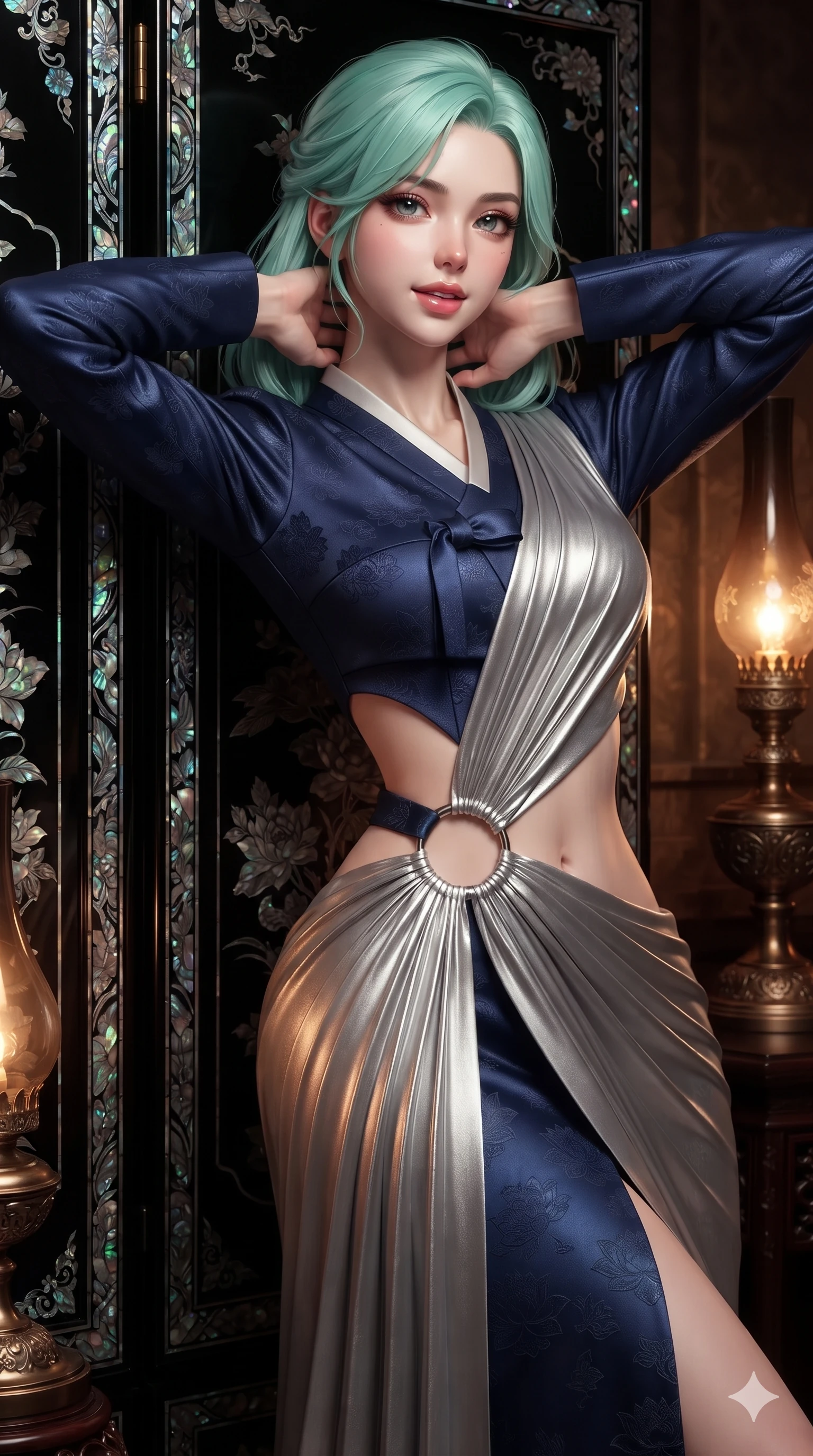 score_9, masterpiece, best quality, ultra-detailed, high-budget anime keyframe, editorial fashion photography, tasteful artistic composition, Japanese woman. close-up cowboy shot from the waist and thighs up, the character dominates the composition, filling the frame with her large presence. resting both hands lightly behind her neck with elbows raised, arching her spine to highlight her narrow waist, flat midriff, and breathtaking collarbones while lounging against an opulent mother-of-pearl black lacquer screen, arching her lower back with magnetic femme fatale elegance. The surrounding environment is rendered in vivid detail and crisp panoramic clarity: sharp iridescent abalone shell inlay edges, deep mirror-like black lacquer gloss, and bronze oil lamp patina in deep focus. She has an exceptionally elegant, slender, and willowy female figure with an ultra-slim waist, flat toned midriff, narrow ribcage, and sculpted feminine hips creating an alluring, slim hourglass silhouette without bulk. sharp v-shaped jawline, high-bridge nose, sparkling eyes with hypnotic seductive depth, thick curled eyelashes, glossy parted lips with a natural dewy peach sheen, alluring bedroom-eyes with an enchanting coquettish smile, exuding magnetic siren charisma and sophisticated glamour, flawlessly proportioned anatomical accuracy, strict slender model proportions, natural body alignment, perfectly sculpted long slender limbs, ultra-slim waistline, clean dynamic posture without body distortion. wearing an elegant long-sleeve embroidered silk chima gown with a structured jeogori bodice and graceful pleated drape in metallic liquid silver and deep sapphire navy, tailored from rich silk jacquard with subtle embossed lotus blossom patterns, accented with sculptural chrome hardware rings framing the subtle cutouts, the impeccably tailored cut draping gracefully along her slender figure with aristocratic eastern poise. bathed in soft moody amber chiaroscuro lighting spilling from ornate bronze oil lamps. ultra-reflective glossy finish, specular highlights, rich textural contrasts, high-contrast stereoscopic depth, volumetric dynamic lighting, 2k, ultra detail, master piece, 9:16 ratio