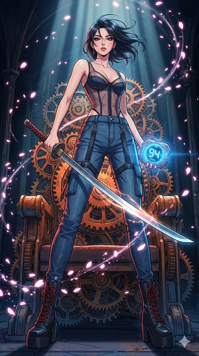 score_9, masterpiece, best quality, ultra-detailed, Set A: High-budget Anime Keyframe, Korean woman. Low angle cowboy shot filling the entire 9:16 frame with her statuesque presence. Drawing a blade through a throne of gears, holding a relic that pul