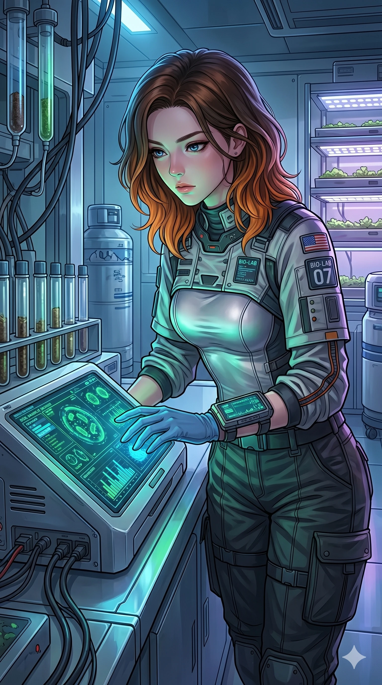 score_9, masterpiece, best quality, ultra-detailed, high-budget anime keyframe, Korean woman. Upper body close-up from the thighs up, character filling the screen for maximum presence. Inside a biotech research bay, checking a soil sample machine, monitoring soil data with a focused, serious expression. She is wearing a tech-wear uniform shirt over a silver bodice and dark trousers. The scene is lit by the blue and green lights of the soil scanner screen. 2k, ultra detail, master piece, 9:16 ratio