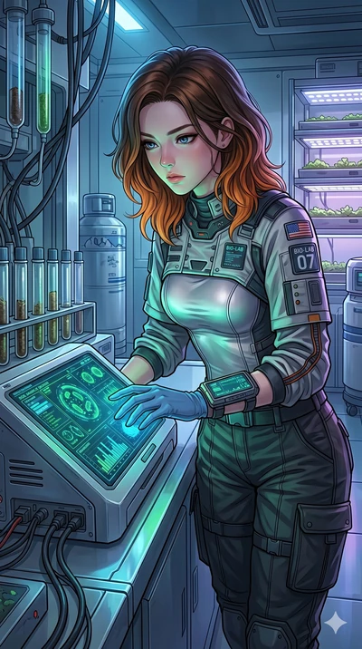 score_9, masterpiece, best quality, ultra-detailed, high-budget anime keyframe, Korean woman. Upper body close-up from the thighs up, character filling the screen for maximum presence. Inside a biotech research bay, checking a soil sample machine, mo