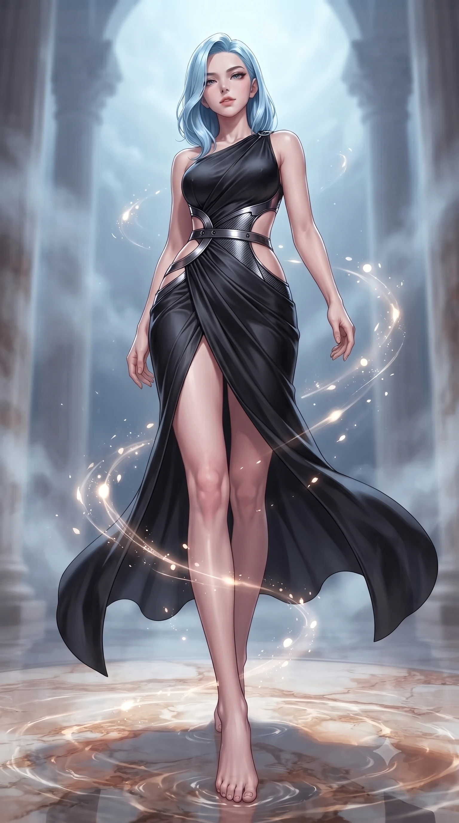 score_9, masterpiece, best quality, ultra-detailed, high-budget anime keyframe, editorial fashion photography, tasteful artistic composition, Korean woman. low angle full-body shot from head to toe showing her feet, filling the entire 9:16 vertical frame with her statuesque presence, stretching her vertical silhouette. interacting with glowing light particles, her long slender legs poised in motion, stepping gracefully onto a warm marble floor glinting with moonlit ripples, alabaster columns framed by gentle water vapor in soft background focus. She has an absolutely perfect, statuesque 8.5-heads proportion, an exceptionally tall and slender model-like female figure with impossibly long slender legs and an ultra-slim waist. sharp v-shaped jawline, high-bridge nose, intricate jewel-like eyes with depth, thick eyelashes, glossy lips with a natural sheen. wearing draped obsidian silk gown featuring tasteful waist slit cutouts in metallic dark silver, made of matte carbon-fiber weave, highlighted by a gunmetal metallic harness structure, contouring every curve with an exceptionally elegant silhouette. surrounded by a serene moonlit aura with sharp silver rim lights. highly saturated vibrant anime colors, detailed shading with soft gradients, rich glossy textures, high-contrast stereoscopic depth, volumetric dynamic lighting, master piece, 9:16 ratio