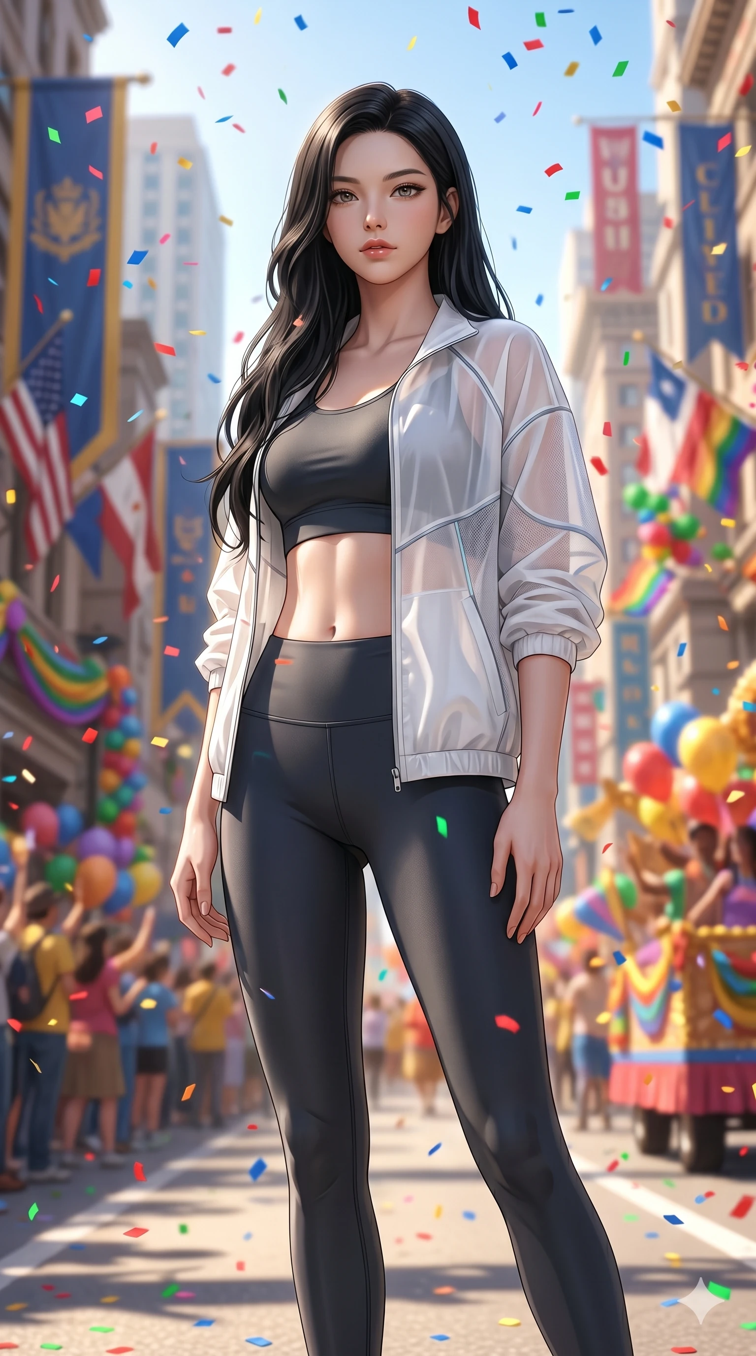 score_9, masterpiece, best quality, ultra-detailed, Set A: Photorealistic 8k CG, Japanese woman. Low angle cowboy shot filling the entire 9:16 frame with her statuesque presence. Standing in a rain of colorful confetti on a grand parade. She has an absolutely perfect 8-heads proportion, an exceptionally tall and slender female figure with elegant long slender legs and an slender waist. Sharp v-shaped jawline, high-bridge nose, intricate jewel-like eyes with depth, thick eyelashes, glossy lips. Wearing a Premium Athleisure outfit: sleek activewear with a sheer windbreaker and athletic midsection. Background is a bright and colorful city street with vibrant decorations and bright sunlight. 2k, ultra detail, master piece, 9:16 ratio