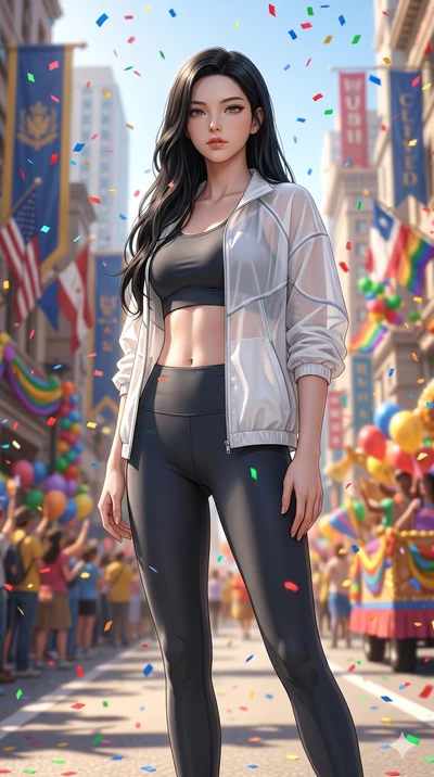 score_9, masterpiece, best quality, ultra-detailed, Set A: Photorealistic 8k CG, Japanese woman. Low angle cowboy shot filling the entire 9:16 frame with her statuesque presence. Standing in a rain of colorful confetti on a grand parade. She has an a