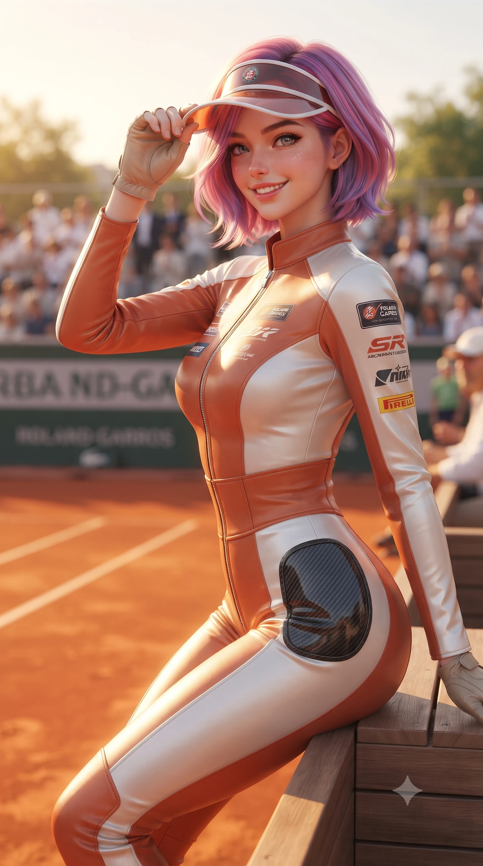 score_9, masterpiece, best quality, ultra-detailed, high-budget anime keyframe, editorial fashion photography, tasteful artistic composition, Caucasian woman. close-up cowboy shot from the waist and thighs up, the character dominates the composition, filling the frame with her large presence. tilting her head with a cute beaming smile while arching her spine with athletic poise, one hand adjusting her racing visor in a flirtatious S-curve while sitting perched on the wooden veranda steps overlooking Court Philippe-Chatrier, arching her spine with Parisian haute-couture elegance. The background shows a soft-focus chic French spectators and tournament banners softened in romantic Parisian tennis shallow focus. She has an exceptionally elegant, slender, and willowy female figure with an ultra-slim waist, flat toned midriff, narrow ribcage, and sculpted feminine hips creating an alluring, slim hourglass silhouette without bulk. sharp v-shaped jawline, high-bridge nose, sparkling eyes with athletic focus and depth, thick curled eyelashes, glossy parted lips with a natural coral-peach sheen, bright confident and coquettish smile with alluring bedroom-eyes, exuding both youthful sporty vigor and sovereign high-society glamour, flawlessly proportioned anatomical accuracy, strict slender model proportions, natural body alignment, perfectly sculpted long slender limbs, ultra-slim waistline, clean dynamic posture without body distortion. wearing a second-skin compression stretch racing catsuit with racing team sponsor graphics and sculpted carbon hip guards in classic clay-court terracotta and cloud white, crafted from supple buttery lambskin racing leather with a satin sheen, accented with a sporty retro tennis visor and fingerless leather driving gloves, the high-waisted wrap tailoring accentuating her ultra-slim waistline and the enchanting curve of her feminine hips with alluring sporty charm. bathed in glowing late-afternoon Paris golden hour light warming the orange clay surfaces. ultra-reflective glossy finish, specular highlights, rich textural contrasts, high-contrast stereoscopic depth, volumetric dynamic lighting, 2k, ultra detail, master piece, 9:16 ratio