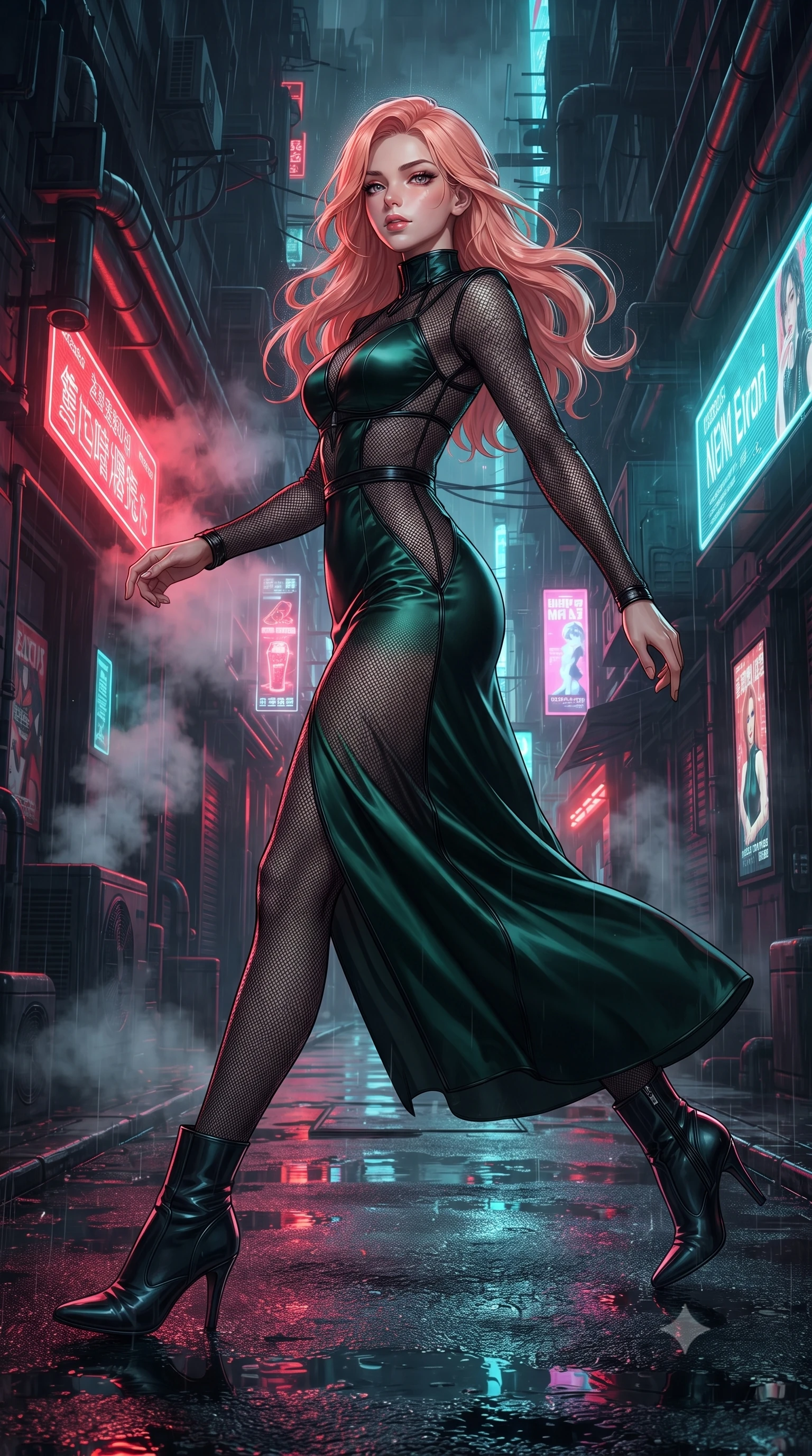 score_9, masterpiece, best quality, ultra-detailed, high-budget anime keyframe, editorial fashion photography, tasteful artistic composition, Japanese woman. low angle full-body shot from head to toe showing her feet, filling the entire 9:16 vertical frame with her statuesque presence, stretching her vertical silhouette. leaping dynamically through the pitch-black void, her posture full of power and elegance, looking back over her shoulder in a dark futuristic alley filled with steam vents, vibrant red and cyan neon reflections dancing on pitch-black wet asphalt. She has an absolutely perfect, statuesque 8.5-heads proportion, an exceptionally tall and slender model-like female figure with impossibly long slender legs and an ultra-slim waist. sharp v-shaped jawline, high-bridge nose, intricate jewel-like eyes with depth, thick eyelashes, glossy lips with a natural sheen. wearing long-sleeved dark emerald satin gown with high structured neckline in deep emerald green, made of fine dark contouring mesh, adorned with minimalist black onyx hardware framing the silhouette, sculpting her athletic slender build with refined precision. lit by sharp neon key light cutting through dense dark steam and rain. highly saturated vibrant anime colors, detailed shading with soft gradients, rich glossy textures, high-contrast stereoscopic depth, volumetric dynamic lighting, master piece, 9:16 ratio