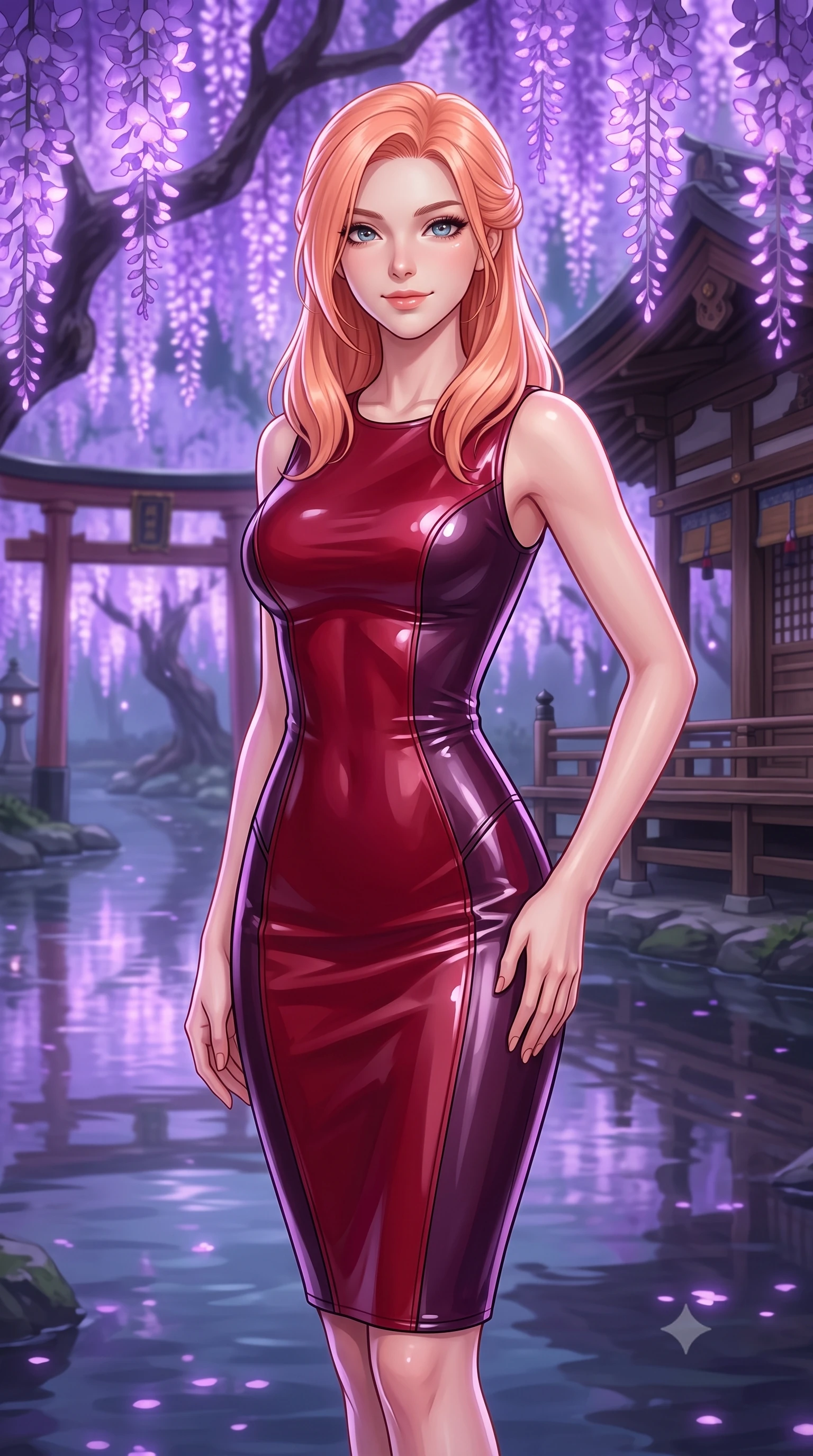 score_9, masterpiece, best quality, ultra-detailed, high-budget anime keyframe, editorial fashion photography, tasteful artistic composition, Japanese woman. close-up cowboy shot from the waist and thighs up, the character dominates the composition, filling the frame with her large presence, background elements kept in soft focus. Gazing ahead with a happy, optimistic expression and a gentle smile. set against a soft-focus background of in a traditional wooden shrine courtyard surrounded by giant wisteria trees with glowing purple flowers hanging over a calm, reflecting river. She has an exceptionally elegant, slender, and willowy female figure with a highly-defined ultra-slim waist, a gracefully sculpted slender torso, and a refined slim-fit silhouette that contours her form. sharp v-shaped jawline, high-bridge nose, intricate jewel-like eyes with depth, thick eyelashes, glossy lips with a natural sheen. wearing a glossy vinyl-effect pencil dress in dual-tone cherry red and plum, sculpting her slender silhouette with lacquered perfection. soft purple bioluminescent light from the flowers casting gentle reflections on the water and wooden structures. 2k, ultra detail, master piece, 9:16 ratio