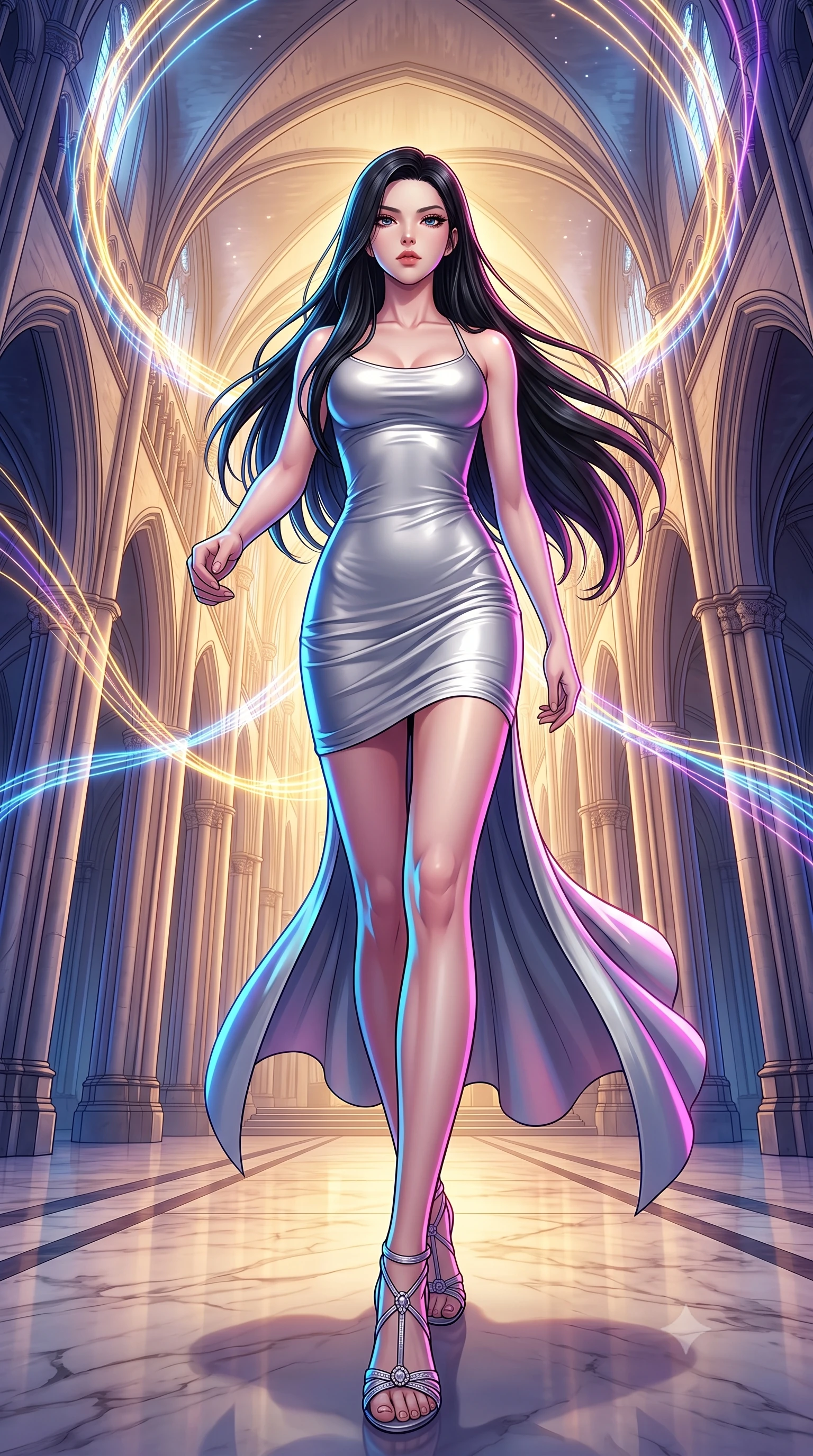 score_9, masterpiece, best quality, ultra-detailed, high-budget anime keyframe, editorial fashion photography, tasteful artistic composition, Korean woman. low angle full-body shot from head to toe showing her feet, filling the entire 9:16 vertical frame with her statuesque presence, stretching her vertical silhouette. forging dynamically through the scene, her vertical silhouette beautifully stretched guiding glowing choir light threads weaving through majestic vaulted arches, majestic vaulted ceilings rising high into a luminous atmosphere. She has an absolutely perfect, statuesque 8.5-heads proportion, an exceptionally tall and slender model-like female figure with impossibly long slender legs and an ultra-slim waist. sharp v-shaped jawline, high-bridge nose, intricate jewel-like eyes with depth, thick eyelashes, glossy lips with a natural sheen. wearing a precision-fitted liquid silver jersey bodycon dress with a graceful draped back, the glove-like fit emphasizing her statuesque silhouette. illuminated by a warm golden key light and brilliant multi-color rim light. highly saturated vibrant anime colors, detailed shading with soft gradients, rich glossy textures, high-contrast stereoscopic depth, volumetric dynamic lighting, master piece, 9:16 ratio
