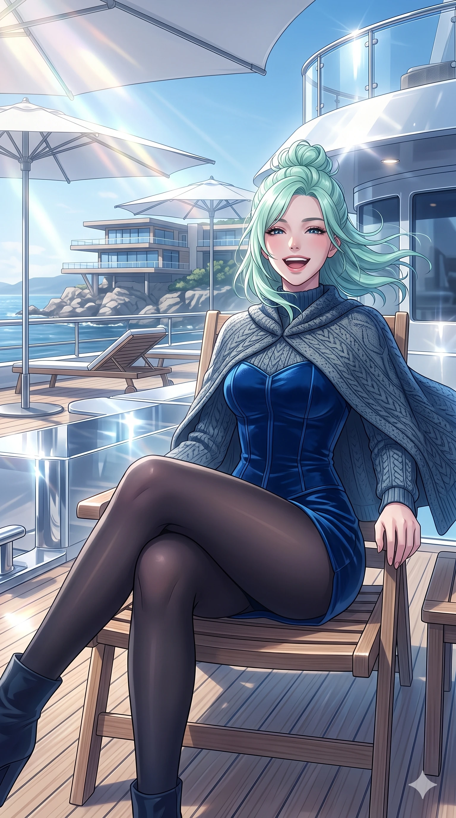 score_9, masterpiece, best quality, ultra-detailed, high-budget anime keyframe, vibrant anime aesthetic, Japanese woman. cowboy shot from the thighs up, character and outfit filling the frame for maximum presence. She is sitting by the resort lodge, laughing wind-swept and happy in the morning winter rays on a luxury yacht sun-deck with winter morning breeze (Code-P21-179). She has an absolutely perfect 8-heads proportion, an exceptionally tall and slender female figure with impossibly long slender legs and an ultra-slim waist. V-shaped jawline, high-bridge nose, intricate jewel-like eyes with depth, thick eyelashes, glossy lips with a natural sheen. wearing a dark velvet structured bodice combined with a patterned textured knit-inspired cape in winter. She is surrounded by bright sunbeams reflecting off white umbrellas, creating a luminous winter glow. 2k, ultra detail, master piece, 9:16 ratio