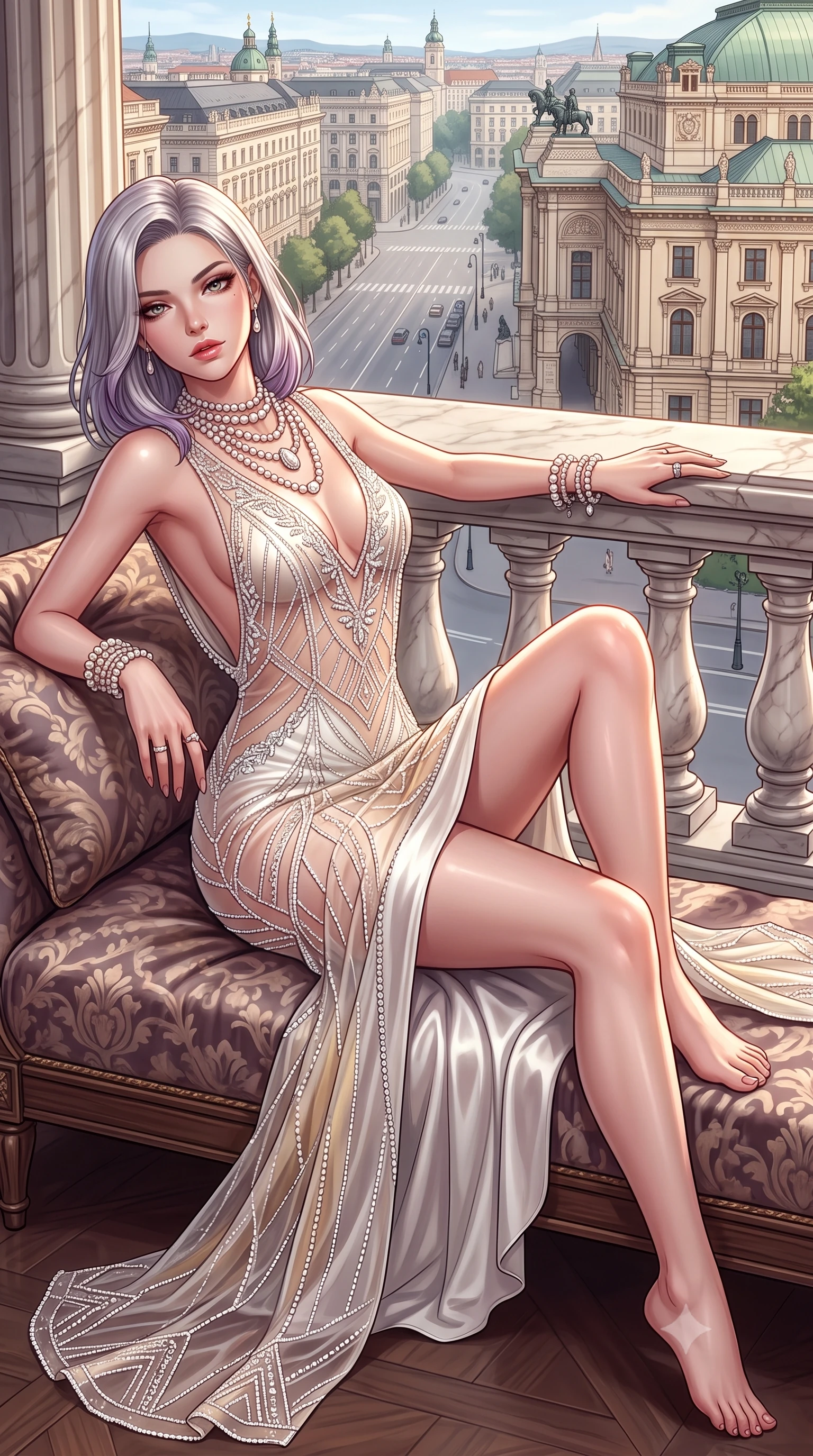 score_9, masterpiece, best quality, ultra-detailed, high-budget anime keyframe, semi-realistic 3D game render, editorial fashion photography, tasteful artistic composition, Caucasian woman. low angle full-body shot from head to toe showing her feet, filling the entire 9:16 vertical frame with her statuesque presence, stretching her vertical silhouette. reclining on her side in an elegant Cleopatra pose with one knee drawn up, the dramatic contour of her rounded hips and long slender legs commanding the 9:16 vertical frame while resting both hands against a fluted marble balustrade overlooking the Ringstrasse, arching her lower back as gala chandelier light spills from within. The surrounding environment is rendered in vivid detail and crisp panoramic clarity. detailed silk satin dress sheen, pearl jewelry luster, and architectural relief sharpness in high resolution. She has an exceptionally tall and slender model-like 8.5-heads proportion, an ultra-slim waist, a flat toned midriff, narrow delicate ribcage, and beautifully sculpted feminine hips creating a graceful, slim hourglass silhouette without any bulky heaviness, with impossibly long slender legs. sharp v-shaped jawline, high-bridge nose, intricate jewel-like eyes with depth, thick eyelashes, glossy parted lips with a natural sheen, intensely captivating and seductive bedroom-eyes expression, flawlessly proportioned anatomical accuracy, strict slender model proportions, natural body alignment, perfectly sculpted long slender limbs, ultra-slim waistline, clean dynamic posture without body distortion. wearing a sheer vintage mesh flapper dress adorned with intricate geometric beadwork over an opaque silk slip in pure alabaster white and sun-kissed gold, made of fluid silk crepe with delicate inner corsetry boning, finished with delicate crystal frost embroidery tracing the plunging neckline, the precision-cut side openings and low-back scoop framing her graceful spine and the sensual sweep of her slim, toned hips. illuminated by crisp specular highlights defining her bare clavicle, ultra-slim waist, and curvy hips. highly saturated vibrant anime colors, detailed shading with soft gradients, rich glossy textures, high-contrast stereoscopic depth, volumetric dynamic lighting, master piece, 9:16 ratio