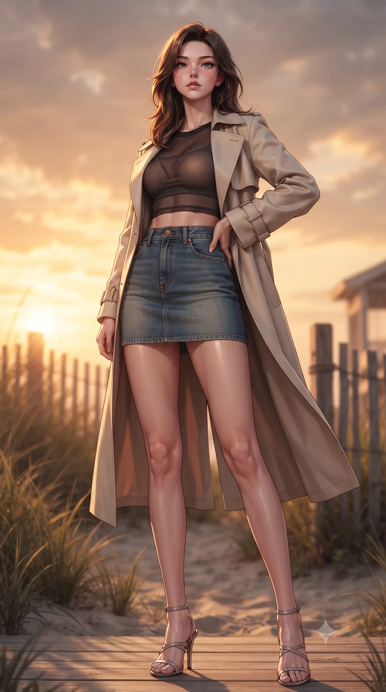score_9, masterpiece, best quality, ultra-detailed, high-budget anime keyframe, editorial fashion photography, tasteful artistic composition, Korean woman. low angle full-body shot from head to toe showing her feet, filling the entire 9:16 vertical frame with her statuesque presence, stretching her vertical silhouette. posing confidently with one hand on her hip, stretching her statuesque body to emphasize her curves the background shows a soft-focus a cozy cottage deck in the desert oasis, surrounded by beachgrass and wooden fences. She has an absolutely perfect, statuesque 8.5-heads proportion, an exceptionally tall and slender model-like female figure with impossibly long slender legs and an ultra-slim waist. sharp v-shaped jawline, high-bridge nose, intricate jewel-like eyes with depth, thick eyelashes, glossy lips with a natural sheen. wearing a slim-fit semi-opaque dark mesh crop top paired with a mini skirt, layered with a tailored light trench coat. warm sunset light casting a peaceful, cozy orange wash on her figure. ultra-reflective glossy finish, specular highlights, metallic sheen, high-contrast stereoscopic depth, volumetric dynamic lighting, 2k, ultra detail, master piece, 9:16 ratio