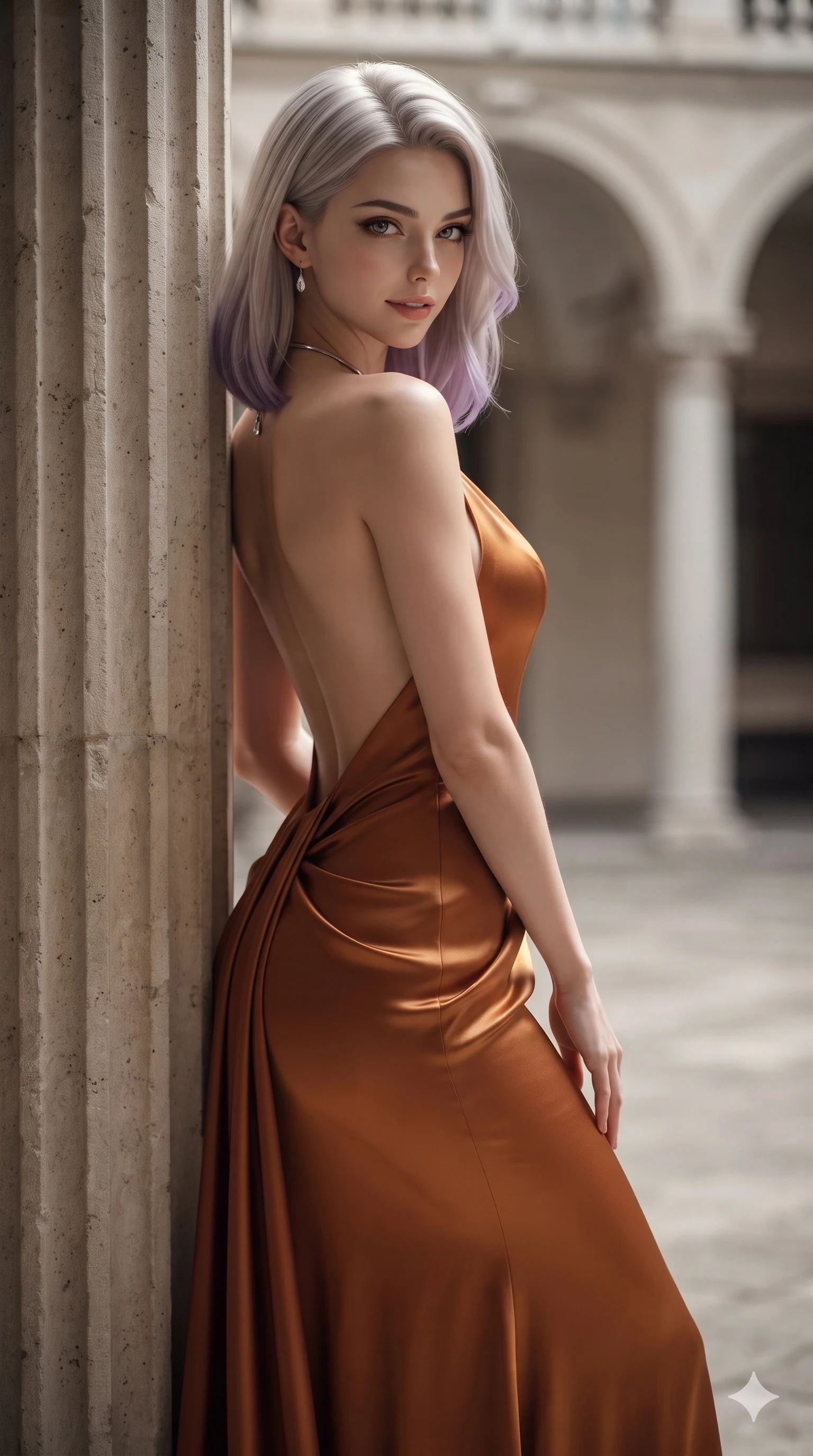 score_9, masterpiece, best quality, ultra-detailed, high-budget anime keyframe, editorial fashion photography, tasteful artistic composition, Caucasian woman. close-up cowboy shot from the waist and thighs up, the character dominates the composition, filling the frame with her large presence. turning over a bare shoulder with an intoxicating, teasing smile, her soft hair framing her sharp jawline as her hips angle gracefully in a captivating contrapposto while leaning against the fluted limestone column with hips cocked back, gazing through the shaded arcade with smoldering bedroom-eyes. The composition keeps background elements in soft focus with creamy bokeh: cool shaded courtyard breeze softened in Renaissance palazzo atrium shallow focus. She has an exceptionally elegant, slender, and willowy female figure with an ultra-slim waist, flat toned midriff, narrow ribcage, and sculpted feminine hips creating an alluring, slim hourglass silhouette without bulk. sharp v-shaped jawline, high-bridge nose, intricate jewel-like eyes with depth, thick eyelashes, glossy parted lips with a natural sheen, intensely captivating and seductive bedroom-eyes expression, flawlessly proportioned anatomical accuracy, strict slender model proportions, natural body alignment, perfectly sculpted long slender limbs, ultra-slim waistline, clean dynamic posture without body distortion. wearing an open-back duchess satin gala gown with dramatic hip-hugging drape and cascading trailing hem in rich copper bronze and warm amber, crafted from bespoke double-faced cashmere with an exceptionally soft tactile finish, finished with a minimalist chrome choker and a single teardrop diamond pendant, the precision-cut side openings and low-back scoop framing her graceful spine and the sensual sweep of her slim, toned hips. sharp directional rim lights sculpting her razor-sharp jawline, narrow waist, and curvy hips. ultra-reflective glossy finish, specular highlights, rich textural contrasts, high-contrast stereoscopic depth, volumetric dynamic lighting, 2k, ultra detail, master piece, 9:16 ratio