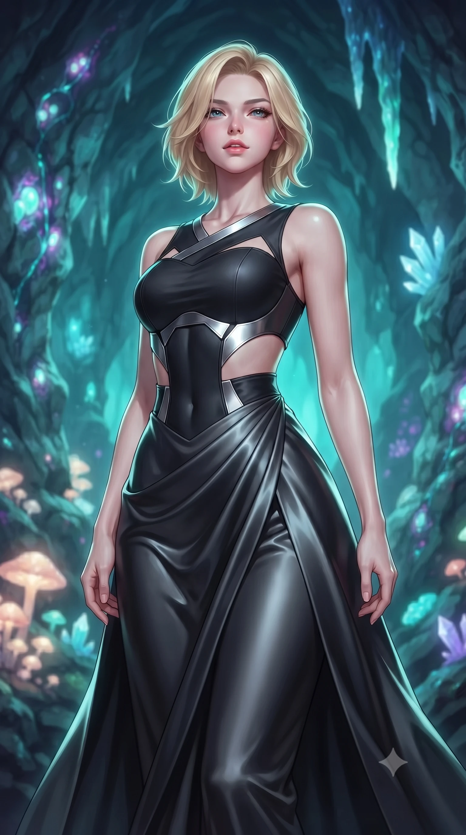 score_9, masterpiece, best quality, ultra-detailed, high-budget anime keyframe, editorial fashion photography, tasteful artistic composition, Caucasian woman. close-up cowboy shot from the waist and thighs up, the character dominates the composition, filling the frame with her large presence, background elements kept in soft focus. Tilting her chin up slightly with lips parted in a magnetic, composed expression navigating a cavern filled with bioluminescent fungi and crystalline stalactites, bioluminescent opal veins pulsing softly in the surrounding stone walls. She has an exceptionally elegant, slender, and willowy female figure with an ultra-slim waist, a gracefully sculpted slender torso, and a refined silhouette. sharp v-shaped jawline, high-bridge nose, intricate jewel-like eyes with depth, thick eyelashes, glossy lips with a natural sheen. wearing a modern fusion silk hanbok dress with a structured bodice in matte black and polished silver, crafted from lustrous satin jersey with fluid draping, featuring subtle geometric cutouts that highlight her ultra-slim midriff, the form-contouring material highlighting her ultra-slim waist and long lines. surrounded by a cool jewel-toned luminescence with bright specular rim lights. highly saturated vibrant anime colors, detailed shading with soft gradients, rich glossy textures, high-contrast stereoscopic depth, volumetric dynamic lighting, master piece, 9:16 ratio