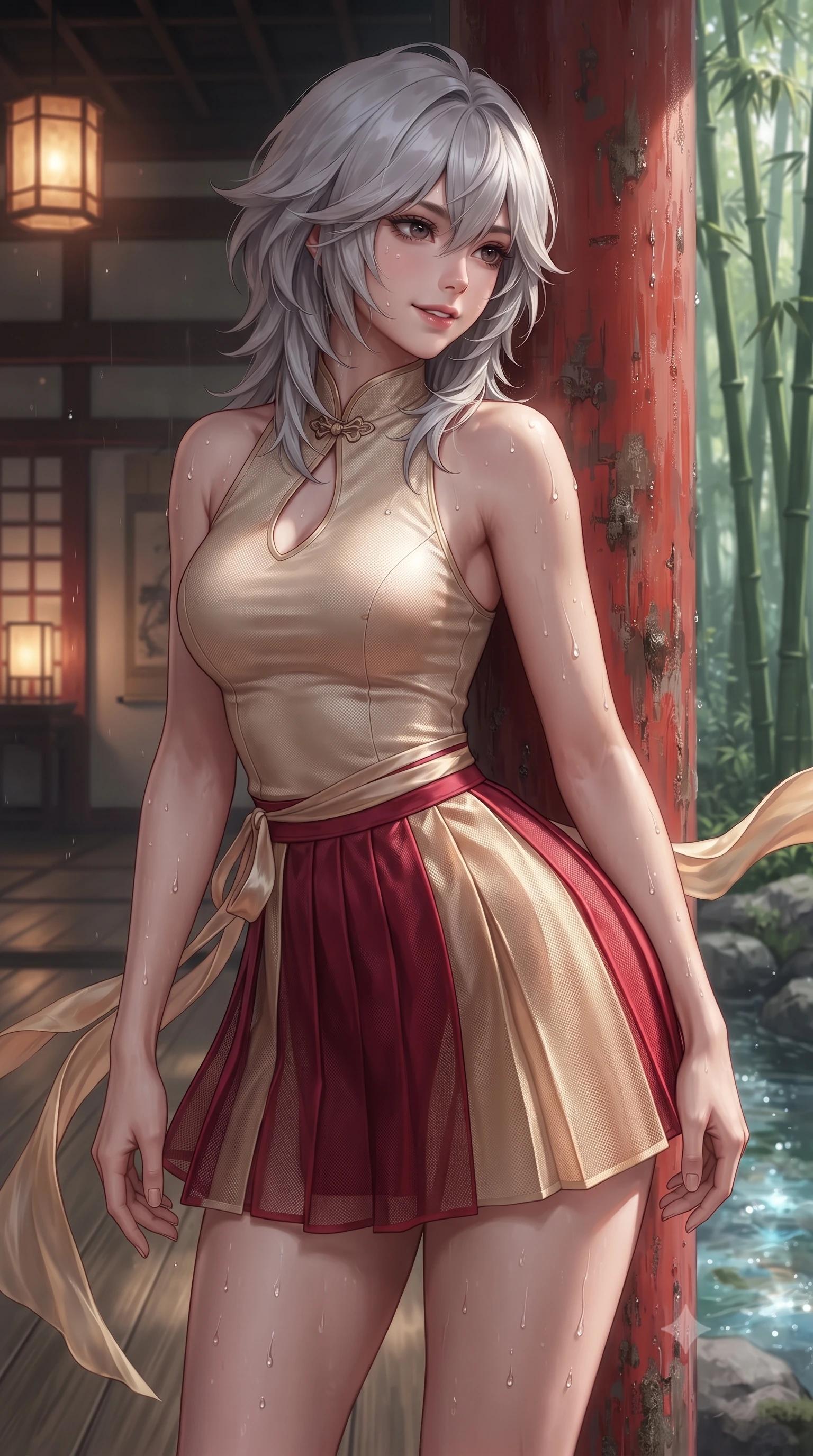 score_9, masterpiece, best quality, ultra-detailed, high-budget anime keyframe, editorial fashion photography, tasteful artistic composition, Japanese woman. close-up cowboy shot from the waist and thighs up, the character dominates the composition, filling the frame with her large presence. leaning back against the red lacquer pillar with relaxed seductive grace, her flat midriff and narrow waist highlighted as warm lantern light traces her curves while leaning against a soaring bamboo trunk with hips cocked back, looking over a bare shoulder with an enchanting, sun-drenched bedroom-gaze. The surrounding environment is rendered in vivid detail and crisp panoramic clarity: detailed linen and silk fabric weave, water droplet beads on skin, and pristine nature landscape in high resolution. She has an exceptionally elegant, slender, and willowy female figure with an ultra-slim waist, flat toned midriff, narrow ribcage, and sculpted feminine hips creating an alluring, slim hourglass silhouette without bulk. sharp v-shaped jawline, high-bridge nose, intricate jewel-like dark sparkling almond eyes with depth, thick lashes, glossy parted lips with a natural rose-plum sheen, bright alluring and coquettish smile with bedroom-eyes, exuding both timeless oriental elegance and sovereign high-fashion allure, flawlessly proportioned anatomical accuracy, strict slender model proportions, natural body alignment, perfectly sculpted long slender limbs, ultra-slim waistline, clean dynamic posture without body distortion. wearing a sleeveless modern qipao top with an elegant teardrop chest keyhole cutout paired with a curve-hugging pleated mini skirt in royal crimson red and lustrous champagne gold, made of sheer technical micro-mesh with contouring shadow effects, accented with flowing gossamer silk ribbons that flutter dynamically in the evening breeze, the glove-like silhouette tightly following the natural contour of her hips and long slender legs with youthful 8.5-heads elegance. illuminated by sparkling stream water caustics and sharp platinum rim lights defining her sculpted collarbones, ultra-slim waist, and curvy hips. ultra-reflective glossy finish, specular highlights, rich textural contrasts, high-contrast stereoscopic depth, volumetric dynamic lighting, 2k, ultra detail, master piece, 9:16 ratio