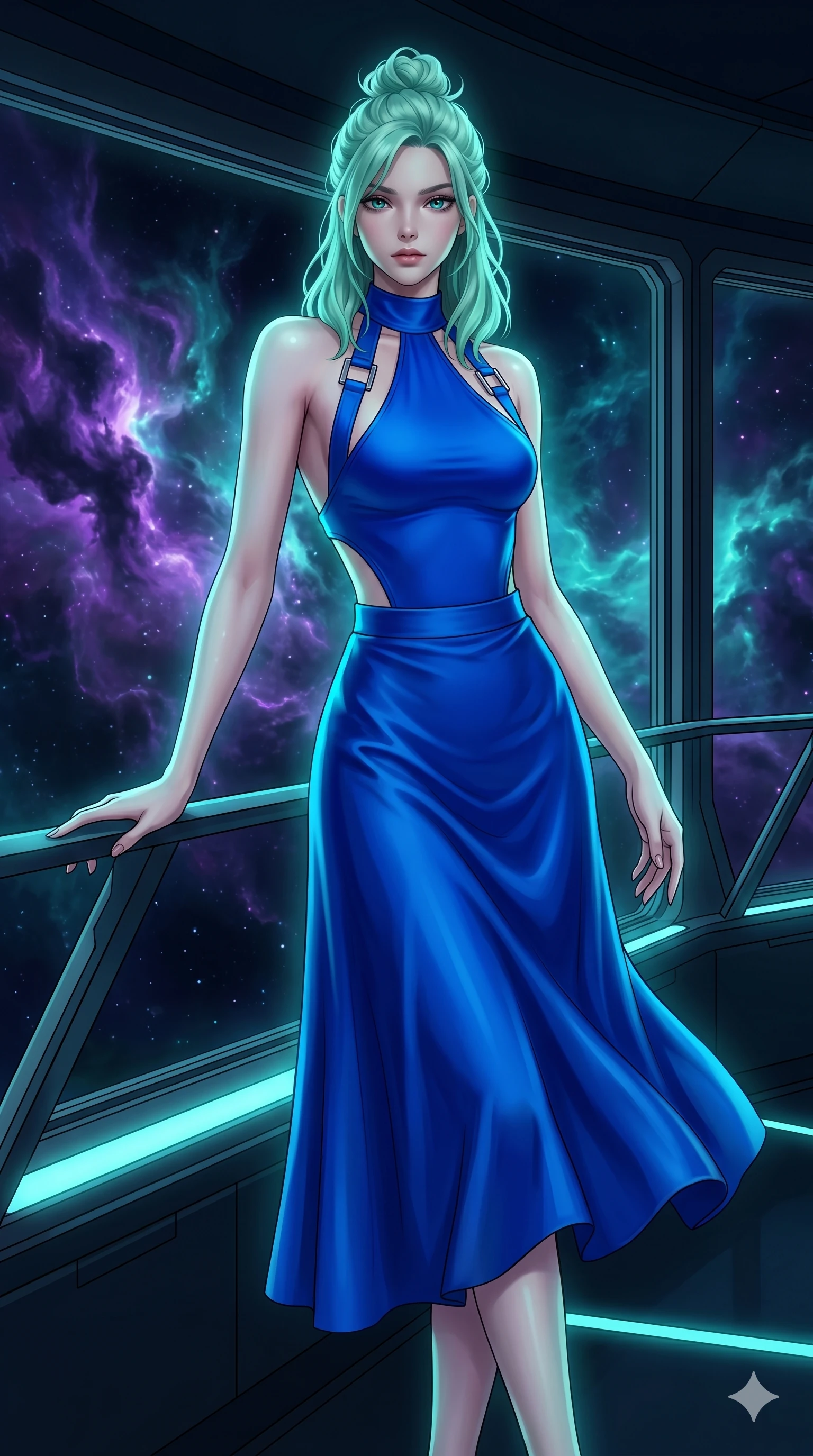 score_9, masterpiece, best quality, ultra-detailed, high-budget anime keyframe, editorial fashion photography, tasteful artistic composition, Japanese woman. cowboy shot from the thighs up, character and outfit filling the frame for maximum editorial presence. Casting a slow, direct gaze beneath heavy lashes with quiet intensity inside a deep-space observatory with nebula clouds of violet and teal drifting past panoramic windows. She has an absolutely perfect 8-heads proportion, an exceptionally tall and slender female figure with impossibly long slender legs and an ultra-slim waist. V-shaped jawline, high-bridge nose, intricate jewel-like eyes with depth, thick eyelashes, glossy lips with a natural sheen. wearing an architectural halter-neck bodysuit in electric cobalt with an open-back design and bold geometric strap hardware at the shoulders, paired with a flowing high-waist silk midi skirt in matching cobalt. illuminated by soft aqua bioluminescent light that makes her skin luminously glow against the dark. 2k, ultra detail, master piece, 9:16 ratio