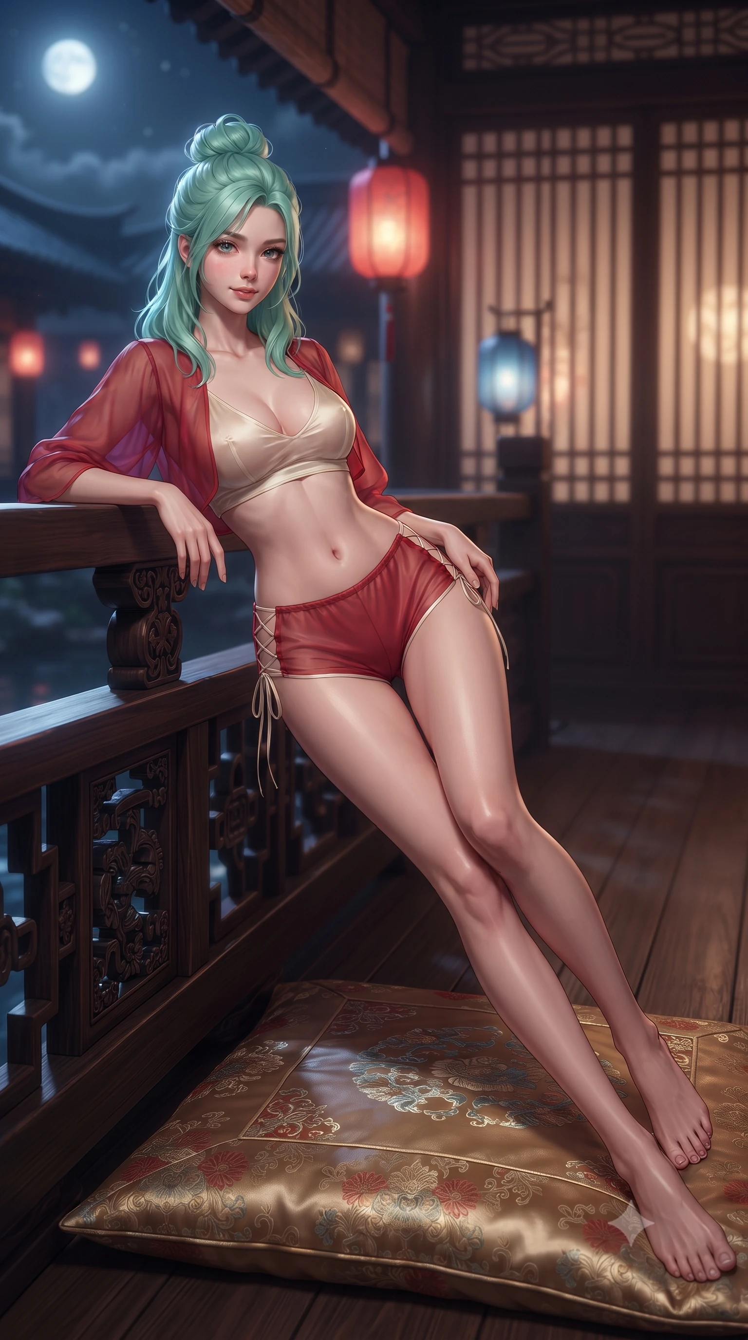 score_9, masterpiece, best quality, ultra-detailed, high-budget anime keyframe, editorial fashion photography, tasteful artistic composition, Japanese woman. low angle full-body shot from head to toe showing her feet, filling the entire 9:16 vertical frame with her statuesque presence, stretching her vertical silhouette. leaning deep against the balcony balustrade with hips cocked back in an unapologetically alluring high-fashion stance, casting an intoxicating glance while lounging languidly on an antique silk floor cushion propped on one elbow, her flat midriff and long slender legs commanding the moonlit pavilion vista. The background shows a soft-focus traditional palace wooden lattice screens and glowing red-and-blue silk lanterns softened in ethereal night shallow focus. She has an absolutely perfect, statuesque 8.5-heads proportion, an exceptionally tall and slender model-like female figure with impossibly long slender legs, an ultra-slim waist, a flat toned midriff, narrow delicate ribcage, and beautifully sculpted feminine hips creating a graceful, slim hourglass silhouette without any bulky heaviness. sharp v-shaped jawline, high-bridge nose, sparkling eyes with hypnotic seductive depth, thick curled eyelashes, glossy parted lips with a natural dewy peach sheen, alluring bedroom-eyes with an enchanting coquettish smile, exuding magnetic siren charisma and sophisticated glamour, flawlessly proportioned anatomical accuracy, strict slender model proportions, natural body alignment, perfectly sculpted long slender limbs, ultra-slim waistline, clean dynamic posture without body distortion. wearing a modern two-piece royal silk loungewear set featuring an open-front short bolero and form-fitting silk hot-pants in royal vermilion crimson and pale ivory silk, made of sheer gossamer chiffon that drapes softly against skin with airy translucence, featuring fine criss-cross lace-up side ties revealing tantalizing glimpses of her hip curve, the precision-cut side openings and low-back scoop framing her graceful spine and the sensual sweep of her slim, toned hips. illuminated by pond surface moonbeam bounce and sharp platinum rim lights sculpting her razor-sharp jawline, narrow waist, and curvy hips. ultra-reflective glossy finish, specular highlights, rich textural contrasts, high-contrast stereoscopic depth, volumetric dynamic lighting, 2k, ultra detail, master piece, 9:16 ratio