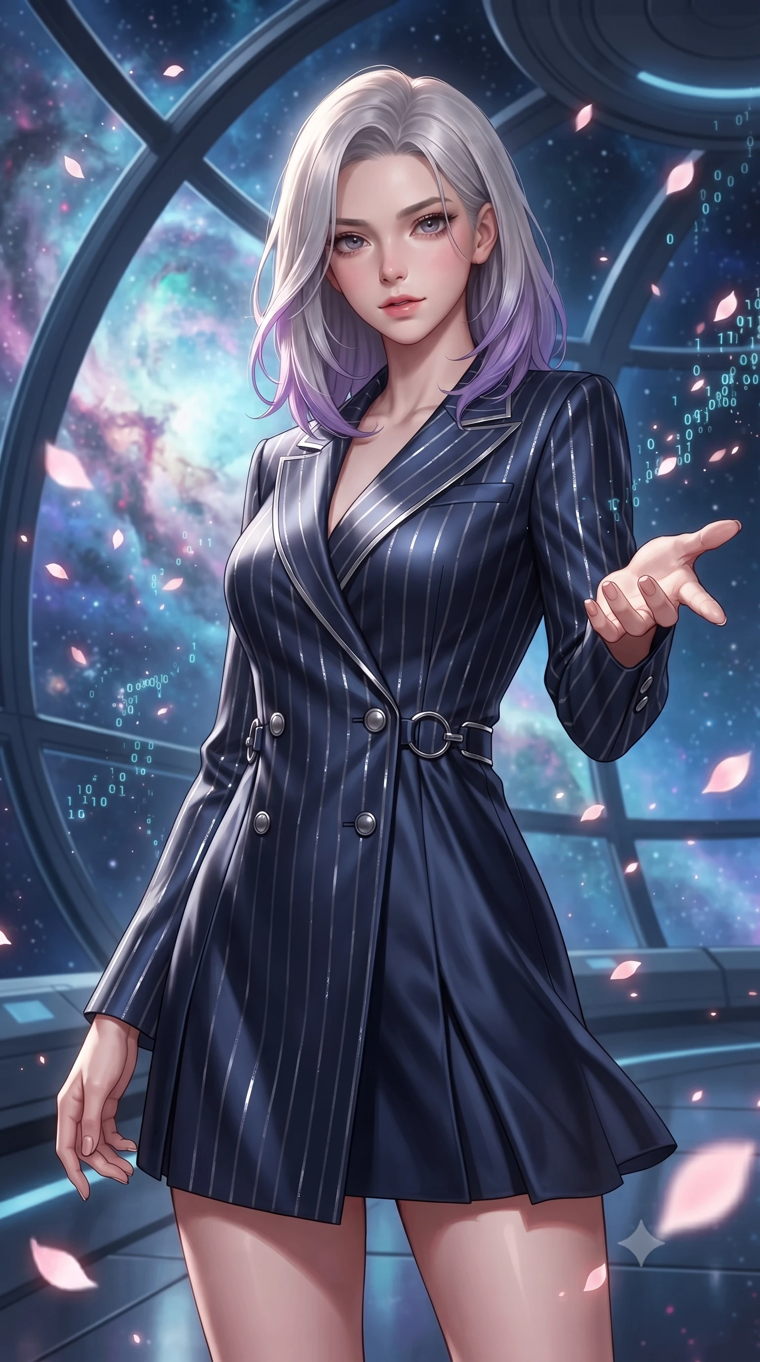 score_9, masterpiece, best quality, ultra-detailed, high-budget anime keyframe, editorial fashion photography, tasteful artistic composition, Caucasian woman. close-up cowboy shot from the waist and thighs up, the character dominates the composition, filling the frame with her large presence, background elements kept in soft focus. Reaching one hand gracefully toward the viewer with effortless superiority and allure standing inside a high-tech observatory with panoramic glass views of a nebula, floating digital sakura petals flickering into binary code sparks. She has an exceptionally elegant, slender, and willowy female figure with an ultra-slim waist, a gracefully sculpted slender torso, and a refined silhouette. sharp v-shaped jawline, high-bridge nose, intricate jewel-like eyes with depth, thick eyelashes, glossy lips with a natural sheen. wearing a double-breasted blazer dress with metallic pin-stripes in midnight navy blue and chrome trim, crafted from lustrous satin jersey with fluid draping, accented with delicate chrome ring hardware framing her waist, the sleek second-skin texture accentuating her magnetic presence. lit by bright volumetric laser beams and soft specular highlights. ultra-reflective glossy finish, specular highlights, metallic sheen, high-contrast stereoscopic depth, volumetric dynamic lighting, 2k, ultra detail, master piece, 9:16 ratio