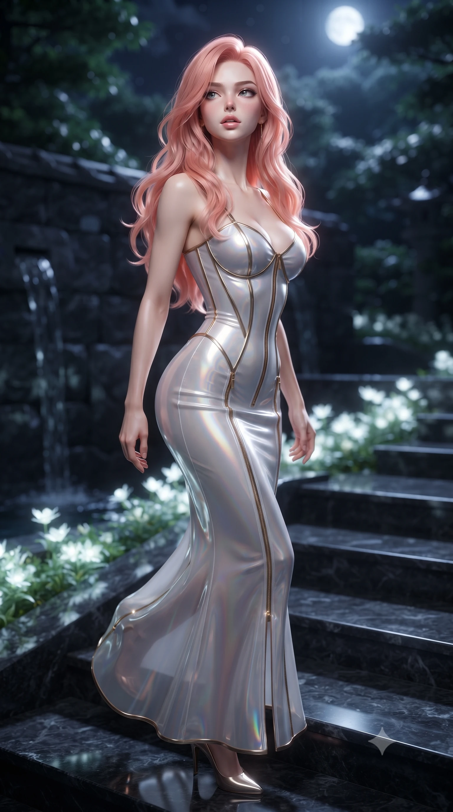 score_9, masterpiece, best quality, ultra-detailed, high-budget anime keyframe, editorial fashion photography, tasteful artistic composition, Japanese woman. close-up cowboy shot from the waist and thighs up, the character dominates the composition, filling the frame with her large presence, background elements kept in soft focus. Tilting her chin up slightly with lips parted in a composed, magnetic expression, ascending dark stone terrace steps lined with glowing white flora, translucent water reflections dancing gently on garden stone walls. She has an exceptionally elegant, slender, and willowy female figure with an ultra-slim waist, a gracefully sculpted slender torso, and a refined silhouette. sharp v-shaped jawline, high-bridge nose, intricate jewel-like eyes with depth, thick eyelashes, glossy lips with a natural sheen. wearing second-skin iridescent hologram organza bodycon maxi dress in pearl white, made of liquid mercury jersey, finished with metallic gold boning and sleek zipper points, highlighting her statuesque proportions and ultra-slim waistline. lit by quiet moonlit key rays piercing through dark garden foliage. ultra-reflective glossy finish, specular highlights, metallic sheen, high-contrast stereoscopic depth, volumetric dynamic lighting, 2k, ultra detail, master piece, 9:16 ratio