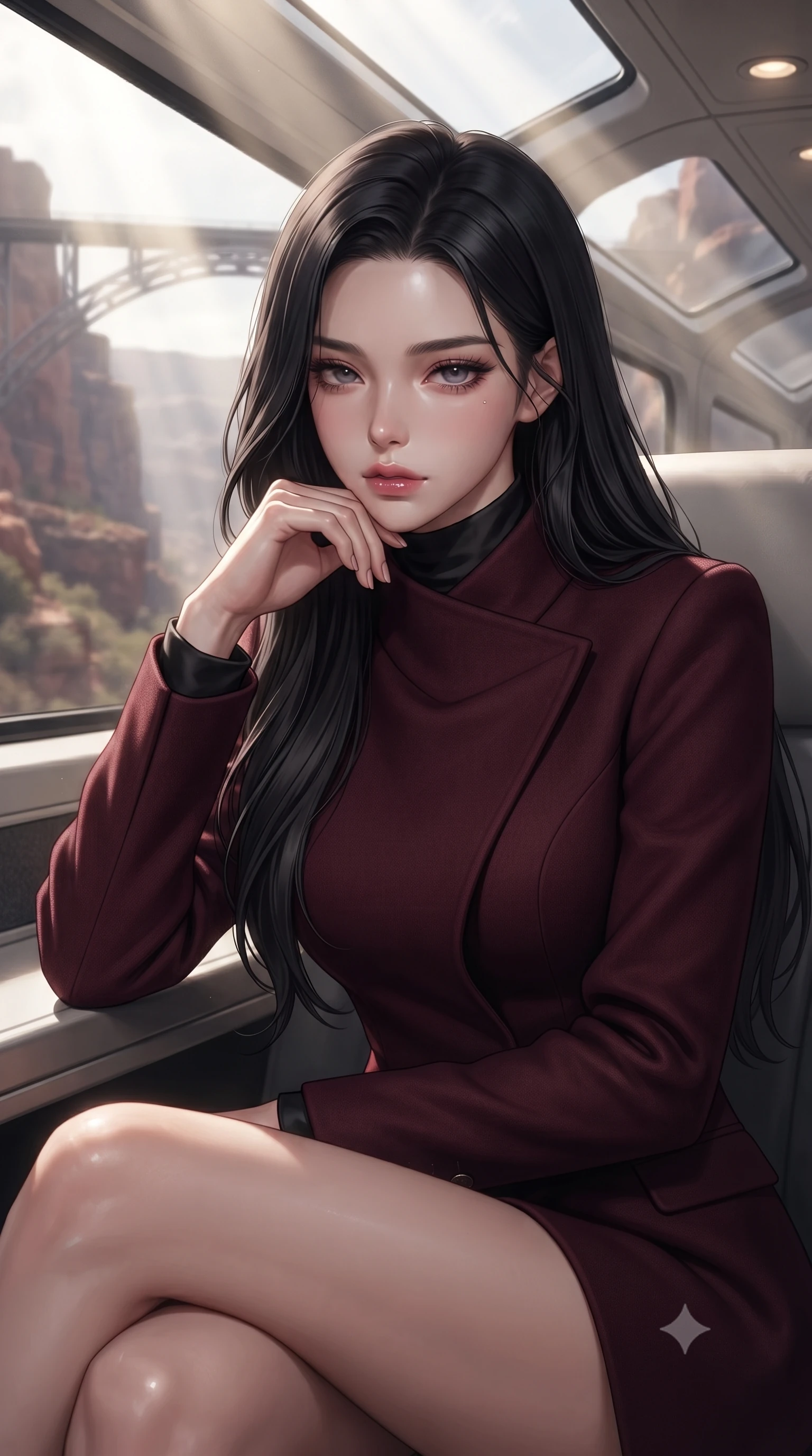 score_9, masterpiece, best quality, ultra-detailed, high-budget anime keyframe, editorial fashion photography, tasteful artistic composition, Korean woman. close-up cowboy shot from the waist and thighs up, the character dominates the composition, filling the frame with her large presence, background elements kept in soft focus. resting her chin on the backs of her fingers, casting a heavy-lidded, sultry look past the camera the background shows a soft-focus the upper deck lounge of a double-decker scenic train crossing a canyon bridge. She has an exceptionally elegant, slender, and willowy female figure with an ultra-slim waist, a gracefully sculpted slender torso, and a refined silhouette. sharp v-shaped jawline, high-bridge nose, intricate jewel-like eyes with depth, thick eyelashes, glossy lips with a natural sheen. wearing a form-contouring tailored asymmetric jacket in deep burgundy wool with a high wrap collar, over a black silk mock-neck blouse. volumetric sunbeams slicing through the glass panels, creating dramatic light rays. ultra-reflective glossy finish, specular highlights, metallic sheen, high-contrast stereoscopic depth, volumetric dynamic lighting, 2k, ultra detail, master piece, 9:16 ratio