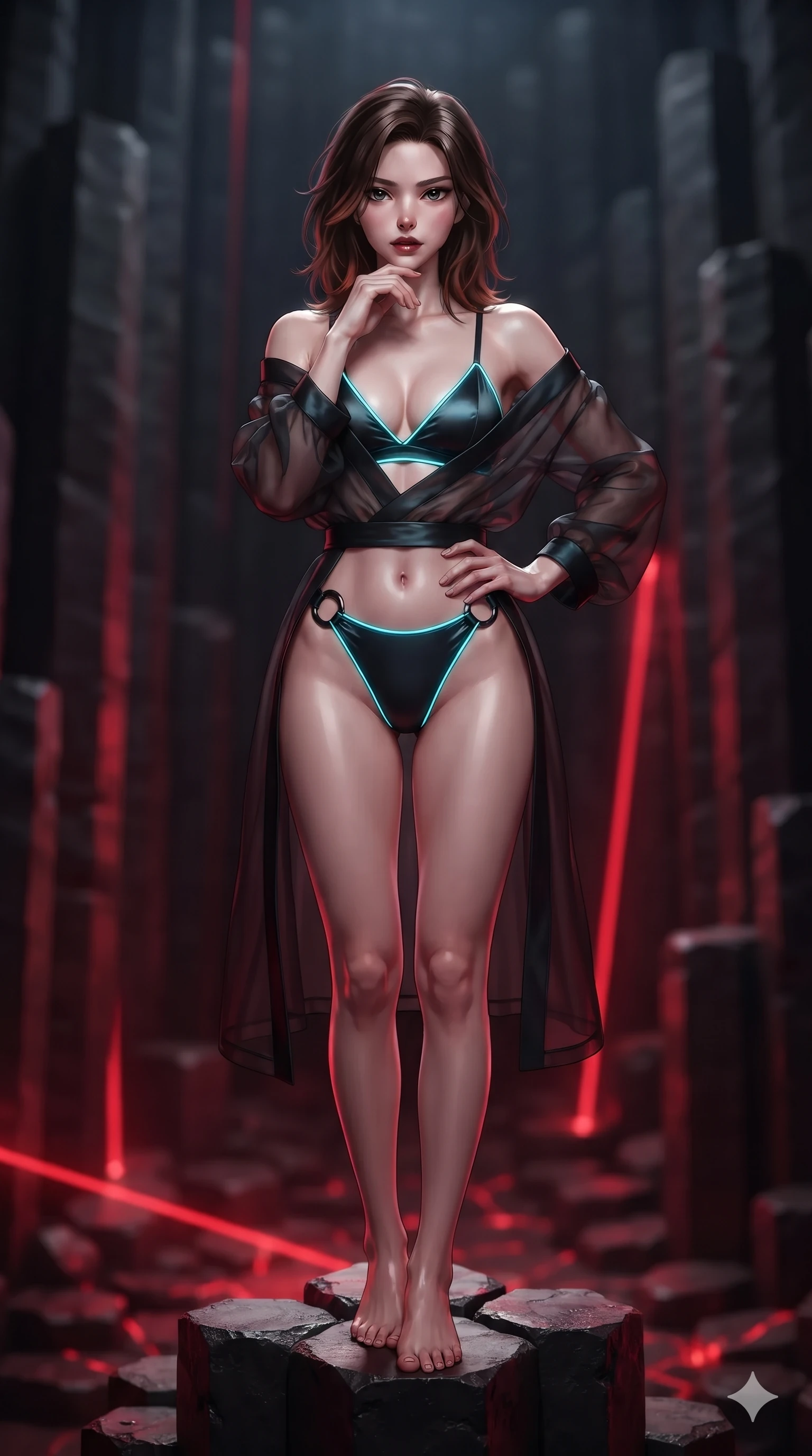score_9, masterpiece, best quality, ultra-detailed, high-budget anime keyframe, editorial fashion photography, tasteful artistic composition, Korean woman. close-up cowboy shot from the waist and thighs up, the character dominates the composition, filling the frame with her large presence. resting her chin on the backs of her fingers with an air of effortless superiority and parted glossy lips while standing tall atop a stepped basalt hexagonal column, one hand on her hip as she looks into the lens with smoldering, dangerous intensity. The background shows a soft-focus soaring vertical hexagonal basalt columns, dramatic subterranean chasms, and crimson floor light fissures blurred into ruby, charcoal, and black bokeh. She has an exceptionally elegant, slender, and willowy female figure with an ultra-slim waist, flat toned midriff, narrow ribcage, and sculpted feminine hips creating an alluring, slim hourglass silhouette without bulk. sharp v-shaped jawline, high-bridge nose, intricate jewel-like dark sparkling eyes with hypnotic seductive depth, thick curled eyelashes, glossy parted lips with a natural wine sheen, alluring bedroom-eyes with an enigmatic smoldering smile, exuding magnetic sovereign charisma and dark avant-garde glamour, flawlessly proportioned anatomical accuracy, strict slender model proportions, natural body alignment, perfectly sculpted long slender limbs, ultra-slim waistline, clean dynamic posture without body distortion. wearing a sheer gossamer organza evening kimono slipping off bare shoulders over a matching satin micro-bralette and briefs in neon cyan edge-glow and dark carbon black, tailored from soft dark satin with subtle light-absorbing depth, accented with sculpted obsidian chrome rings at the waist, accentuating her gracefully sculpted slender torso and statuesque proportions. bathed in sharp crimson laser floor uplights cutting through cold cavern shadows. ultra-reflective glossy finish, specular highlights, metallic sheen, high-contrast stereoscopic depth, volumetric dynamic lighting, 2k, ultra detail, master piece, 9:16 ratio