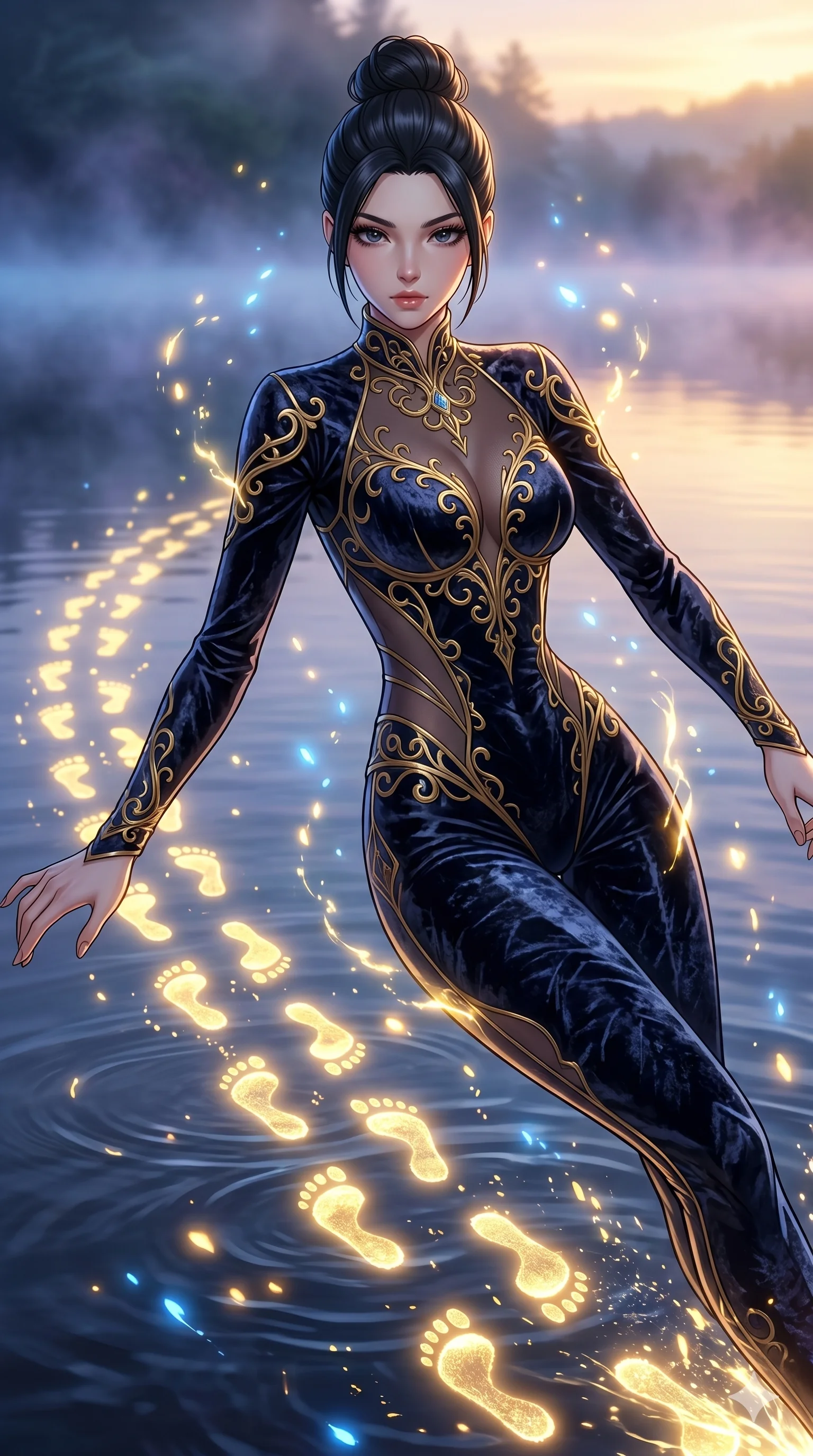 score_9, masterpiece, best quality, ultra-detailed, Set A: High-budget Anime Keyframe, Caucasian (strictly human ears) woman. Upper body close-up from the thighs up, character filling the screen for maximum presence. Sliding through a misty lakeside at dawn, as she leaves a trail of 268 glowing footprints and surrounded by glowing energy sparks. She has an absolutely perfect 8-heads proportion, an exceptionally tall and slender female figure with impossibly long slender legs and an ultra-slim waist. Sharp v-shaped jawline, high-bridge nose, intricate jewel-like eyes with depth, thick eyelashes, glossy lips with a natural sheen. Wearing Crushed dark velvet bodysuit with golden filigree and sheer fabric transparency. Cinematic lighting, vibrant colors, dramatic shadows, 2k, ultra detail, master piece, 9:16 ratio