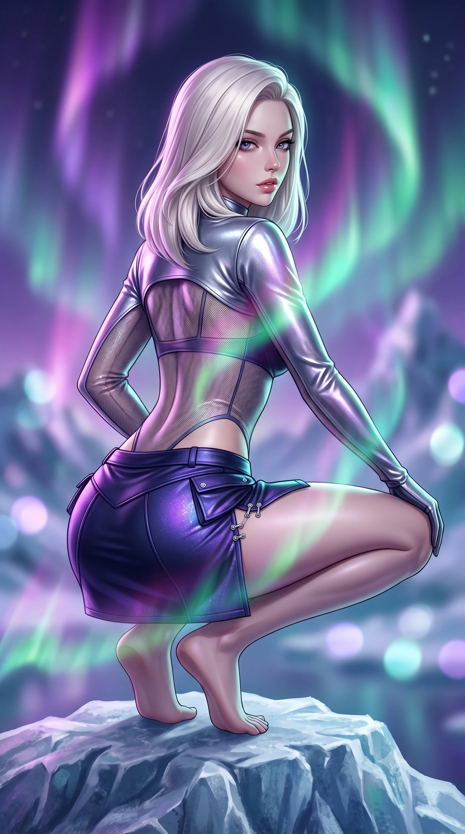 score_9, masterpiece, best quality, ultra-detailed, high-budget anime keyframe, semi-realistic 3D game render, editorial fashion photography, tasteful artistic composition, Caucasian woman. close-up cowboy shot from the waist and thighs up, the character dominates the composition, filling the frame with her large presence. twisting her slender torso in a deep contrapposto stance, hips dramatically shifted to accentuate her feminine curves while looking past her shoulder with smoldering bedroom-eyes while crouching low in a kinetic warrior stance on the ice ridge, her athletic feminine curves and sculpted glutes highlighted by aurora ribbons. The composition keeps background elements in soft focus with creamy bokeh. swirling violet, emerald, and magenta aurora curtains and distant glacier peaks blurred into glowing amethyst, teal, and diamond bokeh. She has an exceptionally elegant, slender, and willowy female figure with an ultra-slim waist, a gracefully sculpted slender torso, toned flat midriff, and rounded feminine hips creating an alluring hourglass silhouette. sharp v-shaped jawline, high-bridge nose, intricate jewel-like eyes with depth, thick eyelashes, glossy parted lips with a natural sheen, intensely captivating and seductive bedroom-eyes expression, flawlessly proportioned anatomical accuracy, strict slender model proportions, natural body alignment, perfectly sculpted long slender limbs, ultra-slim waistline, clean dynamic posture without body distortion. wearing a futuristic sheer mesh bodysuit layered under a metallic silver shrug bolero and micro cargo skirt in deep midnight navy and glowing violet starlight, crafted from lightweight carbon-titanium composite with precision beveled seams, accented with an ultra-high side slit secured by miniature chrome clasps, the glove-like aerodynamic silhouette tightly following the natural contour of her hips and long slender legs with statuesque precision. illuminated by crisp metallic specular reflections sharply defining her sculpted waist, bare spine, and curvy hips. highly saturated vibrant anime colors, detailed shading with soft gradients, rich glossy textures, high-contrast stereoscopic depth, volumetric dynamic lighting, master piece, 9:16 ratio