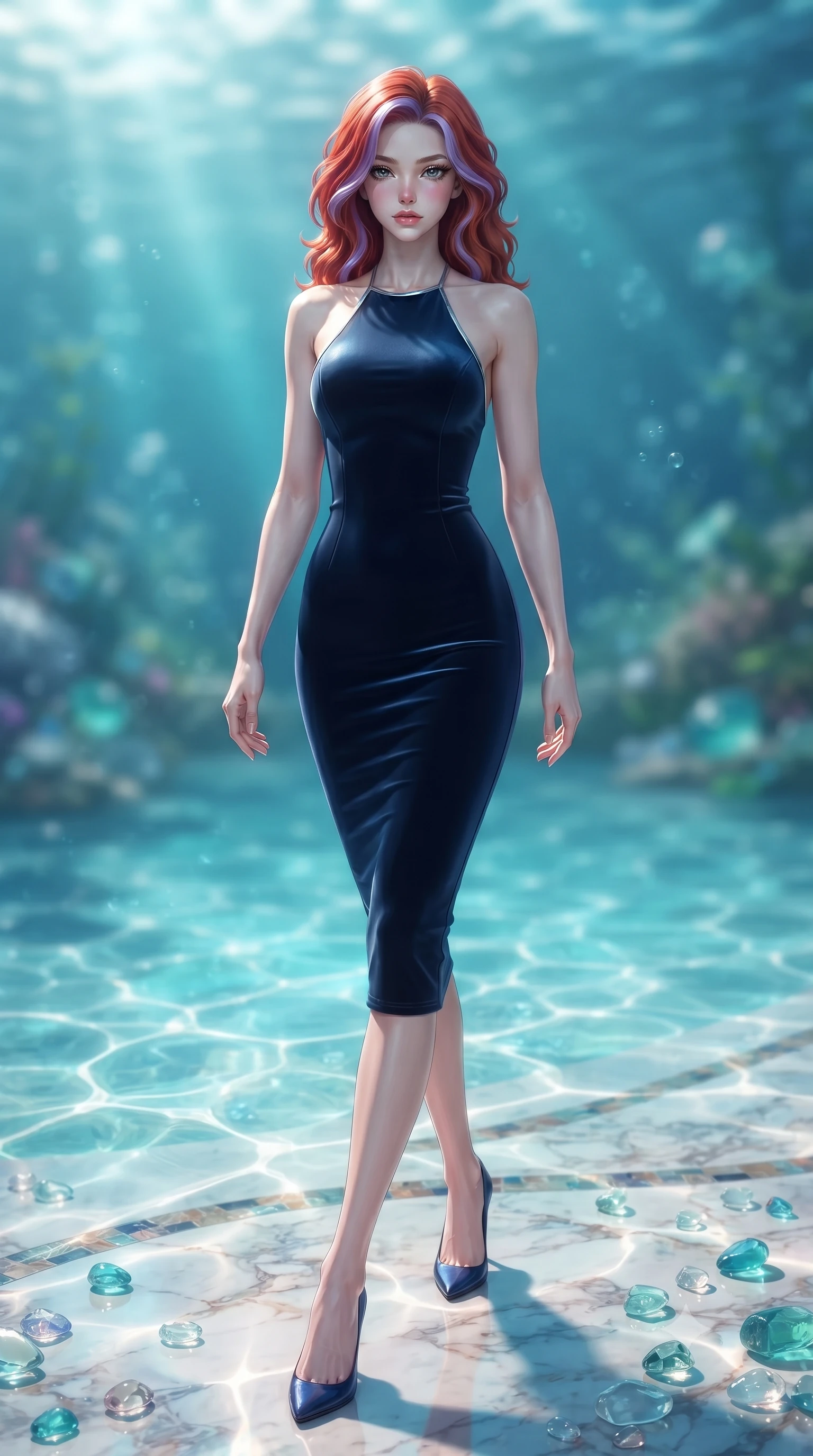score_9, masterpiece, best quality, ultra-detailed, high-budget anime keyframe, editorial fashion photography, tasteful artistic composition, Caucasian woman. low angle full-body shot from head to toe showing her feet, filling the entire 9:16 vertical frame with her statuesque presence, stretching her vertical silhouette. stepping forward with proud posture, filling the vertical frame with her magnetic presence gliding over a mosaic marble floor illuminated by caustic water ripples, translucent sea glass fragments drifting gracefully around her. She has an absolutely perfect, statuesque 8.5-heads proportion, an exceptionally tall and slender model-like female figure with impossibly long slender legs and an ultra-slim waist. sharp v-shaped jawline, high-bridge nose, intricate jewel-like eyes with depth, thick eyelashes, glossy lips with a natural sheen. wearing a velvet halter-neck midi dress following her form like a glove in midnight navy blue and chrome trim, formed from sleek second-skin neoprene, complemented by criss-cross back straps highlighting her bare shoulders, the elegant draped fit framing her graceful clavicle and slender torso. bathed in brilliant underwater sunbeams and soft turquoise caustic glow. ultra-reflective glossy finish, specular highlights, metallic sheen, high-contrast stereoscopic depth, volumetric dynamic lighting, 2k, ultra detail, master piece, 9:16 ratio