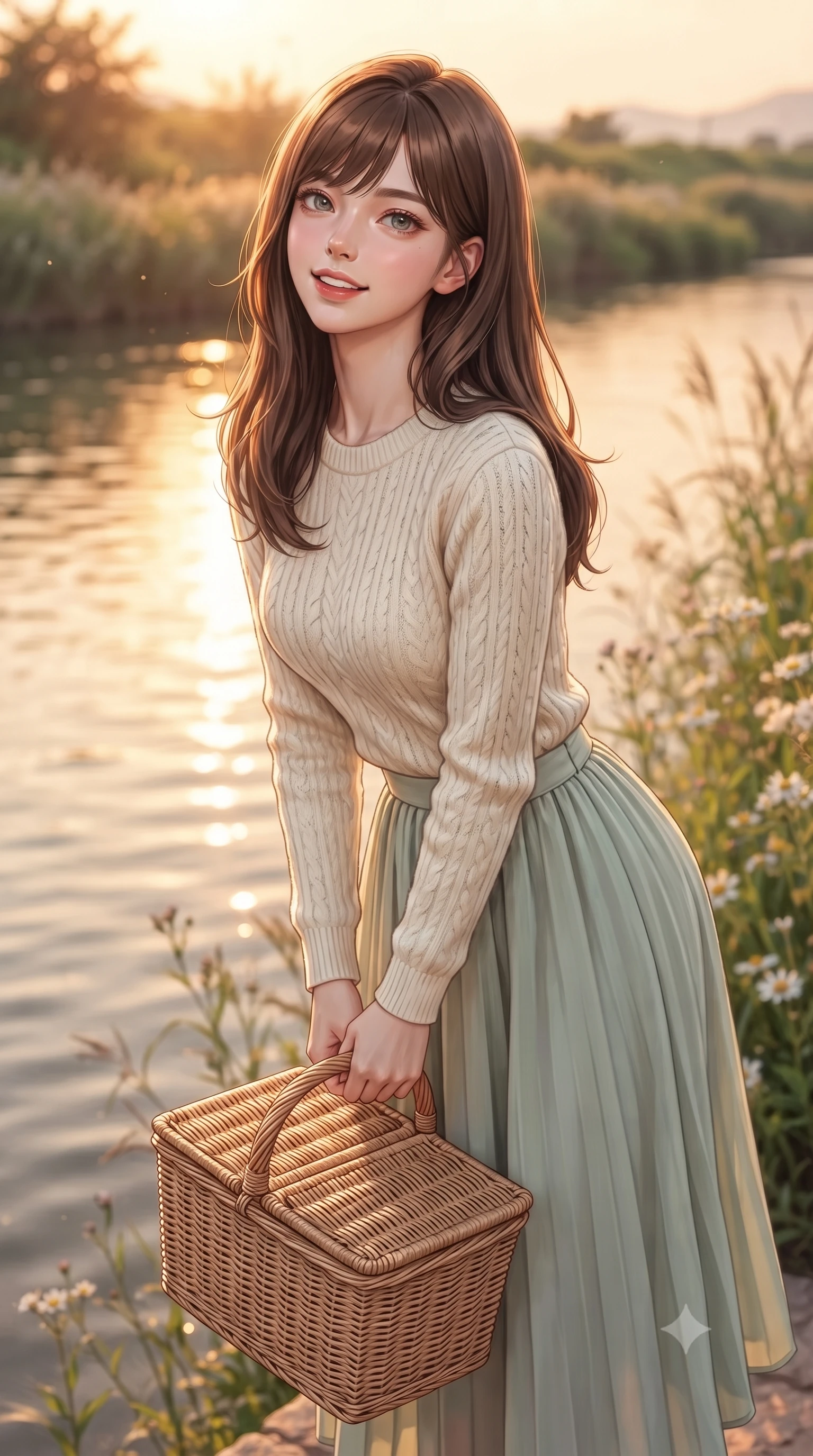 score_9, masterpiece, best quality, ultra-detailed, high-budget anime keyframe, editorial fashion photography, tasteful artistic composition, Korean woman. close-up cowboy shot from the waist and thighs up, the character dominates the composition, filling the frame with her large presence, background elements kept in soft focus. tilting her chin up with a composed yet magnetic gaze under long dark eyelashes set against a soft-focus background of along a winding river path lined with reeds and wild river flowers holding a woven picnic basket with a bright, cheerful expression. She has an exceptionally elegant, slender, and willowy female figure with an ultra-slim waist, a gracefully sculpted slender torso, and a refined silhouette. sharp v-shaped jawline, high-bridge nose, intricate jewel-like eyes with depth, thick eyelashes, glossy lips with a natural sheen. wearing slim-fit cozy knit sweater in cream, paired with a flowy pleated midi skirt. warm golden hour sunset light reflecting off the calm river surface. ultra-reflective glossy finish, specular highlights, metallic sheen, high-contrast stereoscopic depth, volumetric dynamic lighting, 2k, ultra detail, master piece, 9:16 ratio