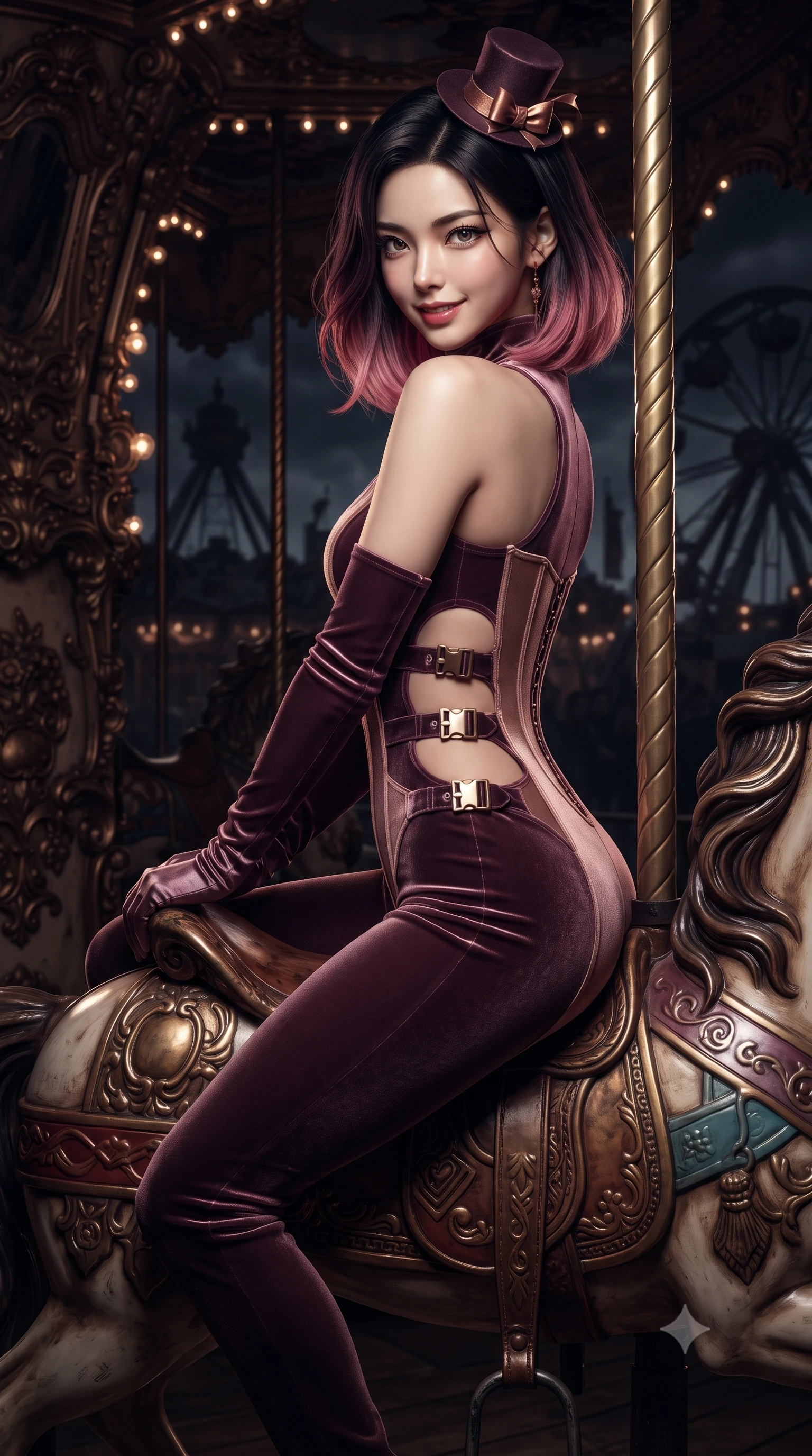 score_9, masterpiece, best quality, ultra-detailed, high-budget anime keyframe, editorial fashion photography, tasteful artistic composition, Korean woman. close-up cowboy shot from the waist and thighs up, the character dominates the composition, filling the frame with her large presence. turning over a bare shoulder with an intoxicating, teasing smile, her soft hair framing her sharp jawline as her hips angle gracefully while perching sideways on the saddle of an antique carousel horse, looking back over a bare shoulder with an intoxicating, teasing smile. The surrounding environment is rendered in vivid detail and crisp panoramic clarity. intense theatrical chiaroscuro and decadent dark carnival aesthetics rendered with precision. She has an exceptionally elegant, slender, and willowy female figure with an ultra-slim waist, a gracefully sculpted slender torso, toned flat midriff, and rounded feminine hips creating an alluring hourglass silhouette. sharp v-shaped jawline, high-bridge nose, intricate jewel-like eyes with depth, thick eyelashes, glossy parted lips with a natural sheen, intensely captivating and seductive bedroom-eyes expression, flawlessly proportioned anatomical accuracy, strict slender model proportions, natural body alignment, perfectly sculpted long slender limbs, ultra-slim waistline, clean dynamic posture without body distortion. wearing a high-collar velvet speedsuit featuring bold side cutouts and quick-release brass buckles in dusky plum violet and antique rose gold, tailored from fluid silk crepe with delicate inner corsetry boning, accessorized with opera-length satin gloves and a miniature top-hat fascinator, the form-contouring material adhering flawlessly to her sculpted flat midriff and slender torso, emphasizing her long leg lines and perfectly proportioned willowy build. illuminated by crisp directional rim lighting sharply carving her razor-sharp jawline, narrow waist, and curvy hips. ultra-reflective glossy finish, specular highlights, rich textural contrasts, high-contrast stereoscopic depth, volumetric dynamic lighting, 2k, ultra detail, master piece, 9:16 ratio