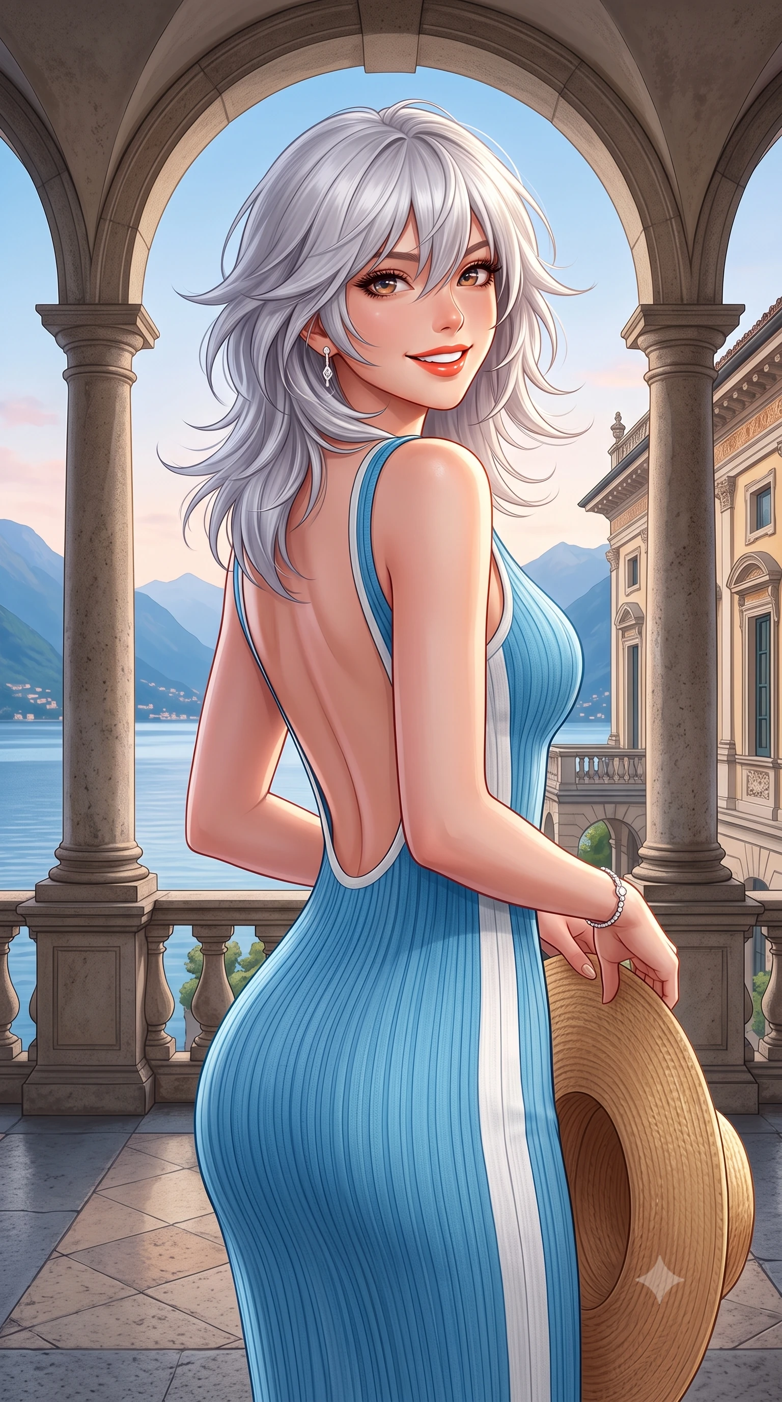 score_9, masterpiece, best quality, ultra-detailed, high-budget anime keyframe, semi-realistic 3D game render, editorial fashion photography, tasteful artistic composition, Japanese woman. close-up cowboy shot from the waist and thighs up, the character dominates the composition, filling the frame with her large presence. turning playfully with a bright confident smile, her glossy hair tossing in the coastal breeze as her hips angle gracefully in a captivating contrapposto while standing between the classical stone arches of the iconic lakefront loggia, arching her back with regal elegance against the mountain-framed lake. The surrounding environment is rendered in vivid detail and crisp panoramic clarity. detailed linen or silk fabric weave, diamond jewelry glints, and Italian historic villa architecture in high resolution. She has an exceptionally elegant, slender, and willowy female figure with an ultra-slim waist, flat toned midriff, narrow ribcage, and sculpted feminine hips creating an alluring, slim hourglass silhouette without bulk. sharp v-shaped jawline, high-bridge nose, sparkling amber-hazel eyes with depth, long lush eyelashes, glossy sun-kissed lips with a warm coral glaze, radiant teasing smile with sensual sunlit bedroom-eyes, exuding effortless old-money elegance and intoxicating sun-drenched allure, flawlessly proportioned anatomical accuracy, strict slender model proportions, natural body alignment, perfectly sculpted long slender limbs, ultra-slim waistline, clean dynamic posture without body distortion. wearing a form-contouring ribbed knit bodycon resort dress with an open-back scoop descending to the base of her spine in Capri sea-spray blue and crisp linen white, crafted from fine lightweight breathable linen with an effortless natural drape, complemented by a wide-brim straw sunhat held casually behind her back, the liquid-tight tailored fabric clinging flawlessly to her narrow waist and rounded feminine hips, emphasizing every millimeter of her sculpted slim hourglass curves without any bulky heaviness. bathed in soft romantic evening light descending over the Como alpine basin. highly saturated vibrant anime colors, detailed shading with soft gradients, rich glossy textures, high-contrast stereoscopic depth, volumetric dynamic lighting, master piece, 9:16 ratio