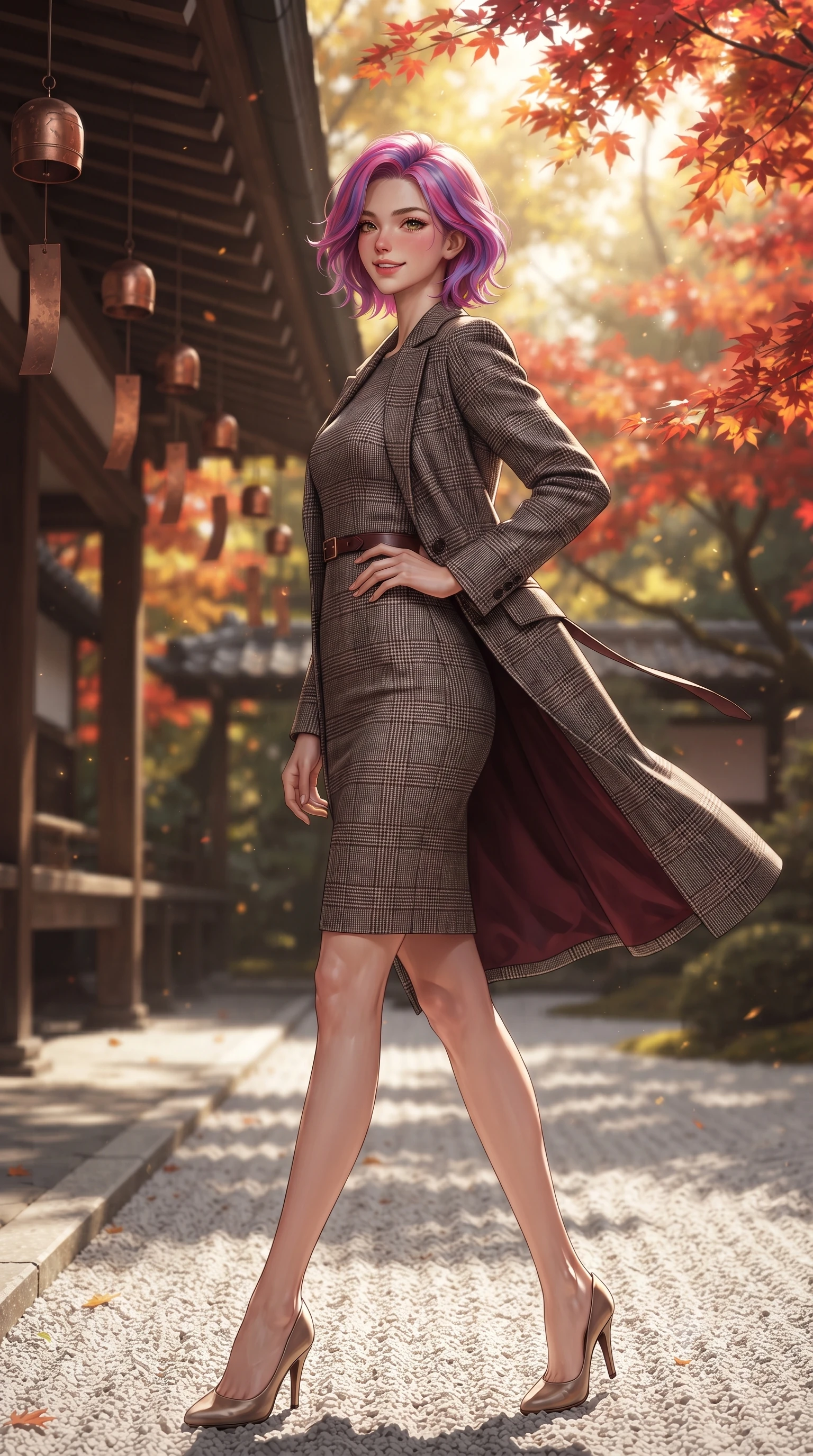score_9, masterpiece, best quality, ultra-detailed, high-budget anime keyframe, editorial fashion photography, tasteful artistic composition, Caucasian woman. low angle full-body shot from head to toe showing her feet, filling the entire 9:16 vertical frame with her statuesque presence, stretching her vertical silhouette. walking briskly with tall supermodel strides, one hand placed on her narrow hip, her impossibly long slender legs commanding the frame while walking along the exterior wooden gallery overlooking raked white gravel and flaming crimson maple leaves, her tailored coat flowing with poise. The background shows a soft-focus traditional cedar eaves and hanging copper wind chimes softened in timeless autumn temple sanctuary shallow focus. She has an exceptionally tall and slender model-like 8.5-heads proportion, an ultra-slim waist, a flat toned midriff, narrow delicate ribcage, and beautifully sculpted feminine hips creating a graceful, slim hourglass silhouette without any bulky heaviness, with impossibly long slender legs. sharp v-shaped jawline, high-bridge nose, intricate jewel-like sparkling eyes with depth, thick eyelashes, glossy parted lips with a natural peach sheen, bright cheerful beaming smile with an enchanting and coquettish sensual glint, exuding both youthful cute charm and seductive allure, flawlessly proportioned anatomical accuracy, strict slender model proportions, natural body alignment, perfectly sculpted long slender limbs, ultra-slim waistline, clean dynamic posture without body distortion. wearing an elegant fitted liquid crepe cocktail sheath dress with an asymmetric neckline tracing her delicate collarbones and narrow waist in classic glen plaid monochrome with subtle wine red accent, made of ultra-fine Mongolian cashmere with sleek glove-like elasticity contouring her silhouette, finished with a slim equestrian bridle-leather belt cinched tightly at the narrowest point of her waist, the snug waist-cinching tailoring accentuating her ultra-slim waistline and the enchanting curve of her feminine hips with alluring seductive charm. bathed in filtered golden autumn sunlight dappled through brilliant red and orange maple foliage. ultra-reflective glossy finish, specular highlights, rich textural contrasts, high-contrast stereoscopic depth, volumetric dynamic lighting, 2k, ultra detail, master piece, 9:16 ratio