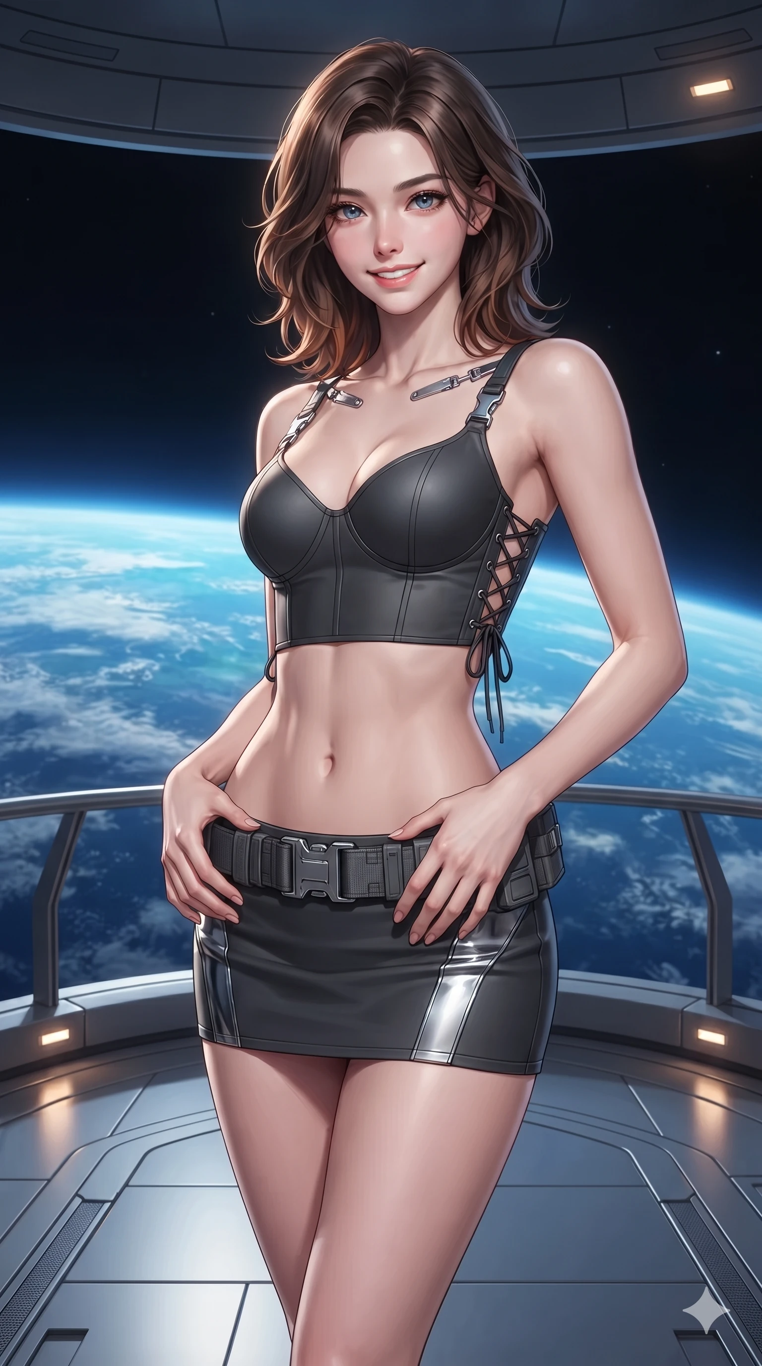 score_9, masterpiece, best quality, ultra-detailed, high-budget anime keyframe, editorial fashion photography, tasteful artistic composition, Korean woman. close-up cowboy shot from the waist and thighs up, the character dominates the composition, filling the frame with her large presence. resting both hands lightly on her tactical utility belt, arching her spine to highlight her narrow waist, flat midriff, and breathtaking collarbones while standing poised on the semicircular orbital balcony cantilevered over open space, arching her spine with ethereal siren poise as the curved blue planetary horizon shines below. The surrounding environment is rendered in vivid detail and crisp panoramic clarity: sharp platinum balustrade bevels, micro-welded titanium deck plates, and crisp cloud swirling details on the planet below in deep focus. She has an exceptionally elegant, slender, and willowy female figure with an ultra-slim waist, flat toned midriff, narrow ribcage, and sculpted feminine hips creating an alluring, slim hourglass silhouette without bulk. sharp v-shaped jawline, high-bridge nose, intricate jewel-like sparkling eyes with depth, thick eyelashes, glossy parted lips with a natural sheen, bright confident smile with an enchanting and coquettish sensual glint, exuding both youthful magnetic charm and sovereign high-tech allure, flawlessly proportioned anatomical accuracy, strict slender model proportions, natural body alignment, perfectly sculpted long slender limbs, ultra-slim waistline, clean dynamic posture without body distortion. wearing a sculpted matte carbon underwire crop bustier with lace-up side ties paired with a low-rise micro skirt in charcoal grey and polished chrome, formed from supple thermal silicone composite adhering seamlessly like a second skin, finished with high-tension magnetic quick-release clasps glinting along her collarbones, the precision-cut side openings and low-back scoop framing her graceful spine and the sensual sweep of her slim, toned hips. bathed in the glorious, unpolluted sapphire and turquoise radiance of the illuminated planet below mixed with subtle warm balcony accent lights. ultra-reflective glossy finish, specular highlights, rich textural contrasts, high-contrast stereoscopic depth, volumetric dynamic lighting, 2k, ultra detail, master piece, 9:16 ratio