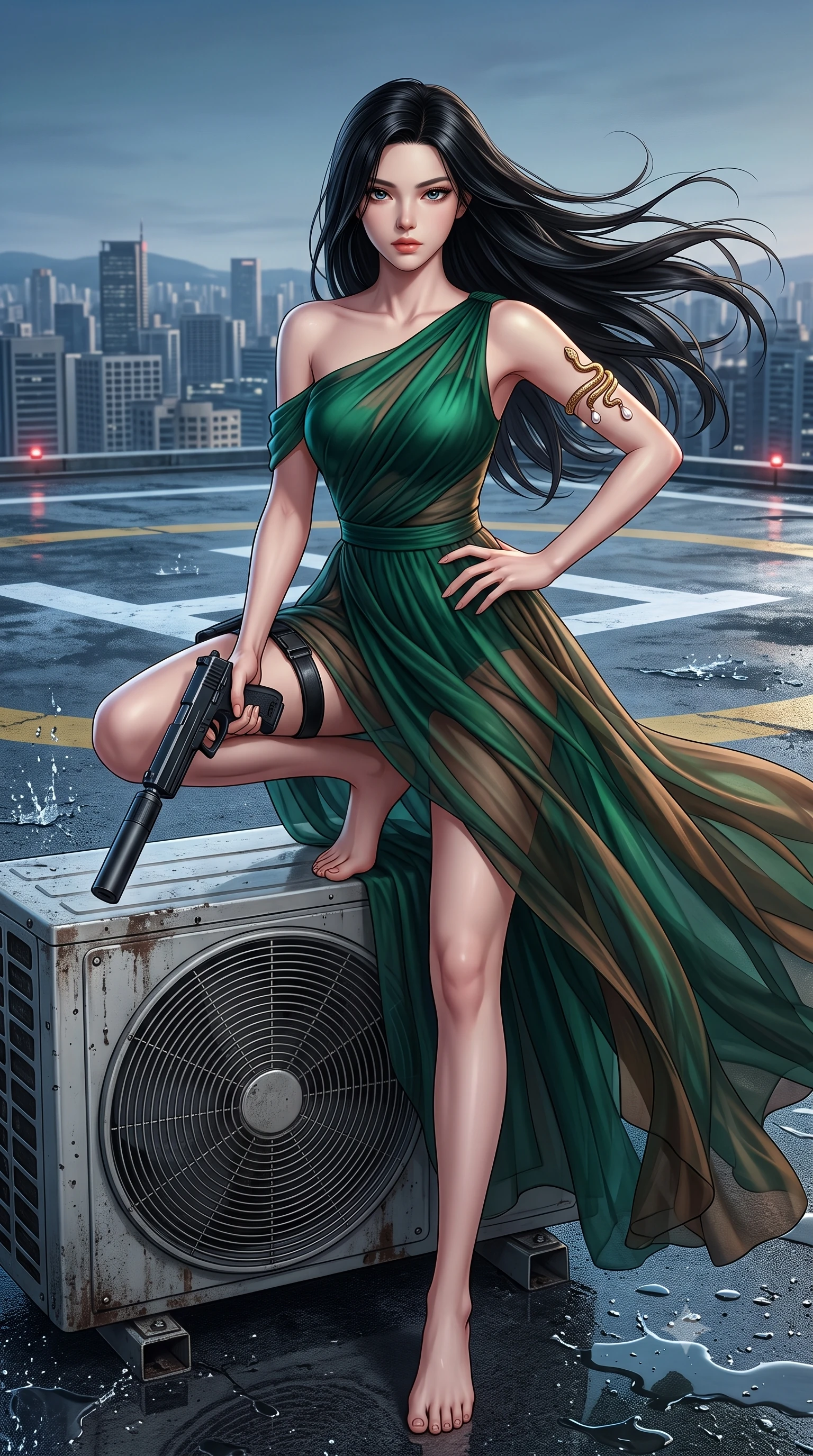 score_9, masterpiece, best quality, ultra-detailed, high-budget anime keyframe, semi-realistic 3D game render, editorial fashion photography, tasteful artistic composition, Korean woman. low angle full-body shot from head to toe showing her feet, filling the entire 9:16 vertical frame with her statuesque presence, stretching her vertical silhouette. standing poised with one hip cocked in an alluring high-fashion pose, her tall 8.5-heads proportions dominating the scene while drawing her sleek silenced sidearm in a fluid tactical draw while crouching behind an air-conditioning turbine unit. The surrounding environment is rendered in vivid detail and crisp panoramic clarity. sharp helipad marking paint textures, distinct water droplet splashes, and wet leather coat sheen in deep focus. She has an absolutely perfect, statuesque 8.5-heads proportion, an exceptionally tall and slender model-like female figure with impossibly long slender legs, a toned flat midriff, and an ultra-slim waist. sharp v-shaped jawline, high-bridge nose, intricate jewel-like eyes with depth, thick eyelashes, glossy lips with a natural sheen, captivating and magnetic expression, flawlessly proportioned anatomical accuracy, strict slender model proportions, natural body alignment, perfectly sculpted long slender limbs, ultra-slim waistline, clean dynamic posture without body distortion. wearing an ethereal emerald-green silk chiffon gown with an asymmetric shoulder drape and sheer layered skirt in deep emerald green and bronze, woven from airy multi-layered silk chiffon with a weightless drape, accented with a sculptured gold serpent armlet and pearl drops, the form-contouring material adhering flawlessly to her sculpted flat midriff and slender torso, emphasizing her long leg lines and perfectly proportioned willowy build. surrounded by an indomitable, dangerous, and breathtakingly cinematic lone infiltration specialist aura. highly saturated vibrant anime colors, detailed shading with soft gradients, rich glossy textures, high-contrast stereoscopic depth, volumetric dynamic lighting, master piece, 9:16 ratio