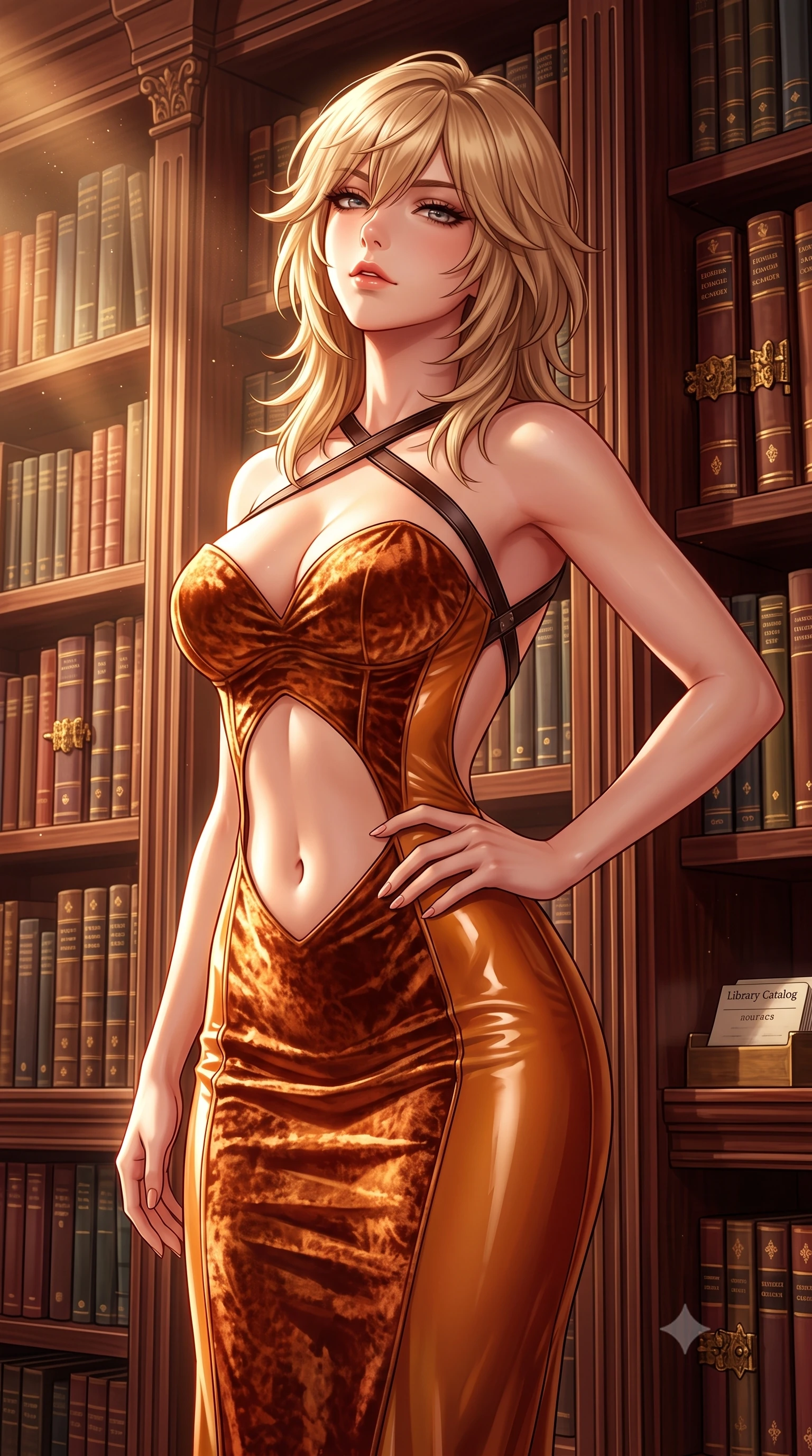 score_9, masterpiece, best quality, ultra-detailed, high-budget anime keyframe, semi-realistic 3D game render, editorial fashion photography, tasteful artistic composition, Japanese woman. close-up cowboy shot from the waist and thighs up, the character dominates the composition, filling the frame with her large presence. tilting her chin up with proud, sovereign allure while gazing through thick eyelashes, one hand resting on her waist in pure supermodel charisma while standing poised between towering mahogany book stacks, twisting her upper body in an alluring S-curve as dust motes dance in golden sunbeams. The surrounding environment is rendered in vivid detail and crisp panoramic clarity. detailed velvet dress pile, brass book clasps, and library catalog card clarity in high resolution. She has an exceptionally elegant, slender, and willowy female figure with an ultra-slim waist, flat toned midriff, narrow ribcage, and sculpted feminine hips creating an alluring, slim hourglass silhouette without bulk. sharp v-shaped jawline, high-bridge nose, intricate jewel-like eyes with depth, thick eyelashes, glossy parted lips with a natural sheen, intensely captivating and seductive bedroom-eyes expression, flawlessly proportioned anatomical accuracy, strict slender model proportions, natural body alignment, perfectly sculpted long slender limbs, ultra-slim waistline, clean dynamic posture without body distortion. wearing a deep sweetheart neckline crushed velvet corseted ballgown with an exposed midriff cutout in rich copper bronze and warm amber, tailored from second-skin aerodynamic stretch vinyl with specular wet sheen, featuring an open-back criss-cross harness strap in dark leather, the dramatically scooped open back descending to the base of her spine, accentuating her razor-sharp statuesque lines and slim hourglass silhouette. illuminated by rich directional firelight sculpting every feminine curve of her slender silhouette. highly saturated vibrant anime colors, detailed shading with soft gradients, rich glossy textures, high-contrast stereoscopic depth, volumetric dynamic lighting, master piece, 9:16 ratio