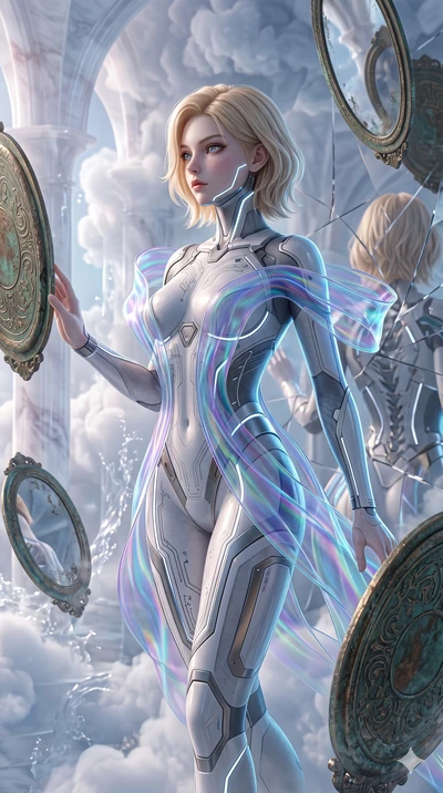 score_9, masterpiece, best quality, ultra-detailed, high-budget anime keyframe, Korean woman. upper body close-up from the thighs up, character filling the screen for maximum presence. wandering through a mirage cloud cathedral of translucent marble 