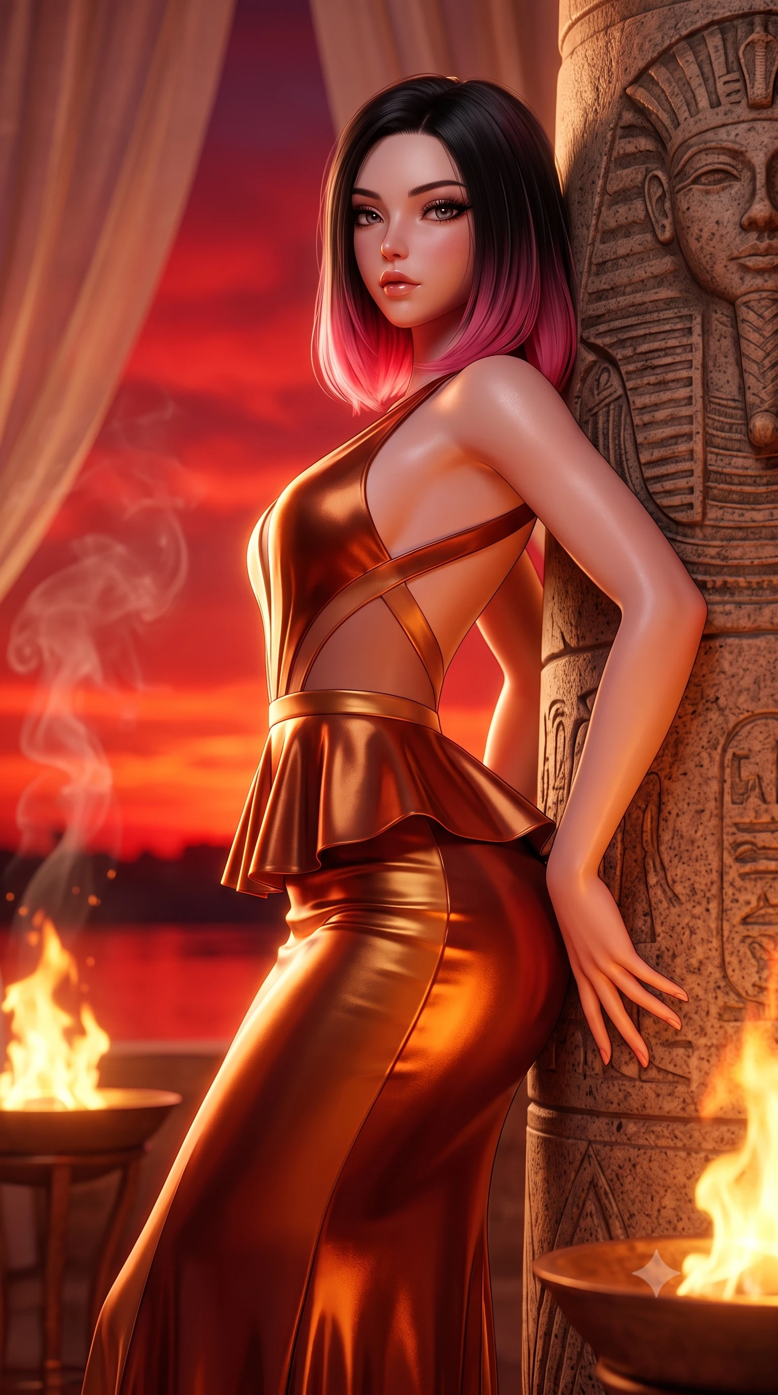 score_9, masterpiece, best quality, ultra-detailed, high-budget anime keyframe, semi-realistic 3D game render, editorial fashion photography, tasteful artistic composition, Korean woman. close-up cowboy shot from the waist and thighs up, the character dominates the composition, filling the frame with her large presence. arching her spine backward with effortless dancer poise, one hand sliding along her hip line as directional light carves specular highlights along her silhouette while leaning back against a colossal carved granite pharaoh pillar with lower back arched, basking in the molten sunset over the distant Nile river. The composition keeps background elements in soft focus with creamy bokeh. swirling myrrh incense smoke and translucent linen canopy drapes softened in regal shallow depth of field. She has an exceptionally elegant, slender, and willowy female figure with an ultra-slim waist, a gracefully sculpted slender torso, toned flat midriff, and rounded feminine hips creating an alluring hourglass silhouette. sharp v-shaped jawline, high-bridge nose, intricate jewel-like eyes with depth, thick eyelashes, glossy parted lips with a natural sheen, intensely captivating and seductive bedroom-eyes expression, flawlessly proportioned anatomical accuracy, strict slender model proportions, natural body alignment, perfectly sculpted long slender limbs, ultra-slim waistline, clean dynamic posture without body distortion. wearing a structural geometric peplum gown with sheer side-ribbon cutouts and form-fitting skirt in rich copper bronze and warm amber, crafted from liquid-smooth metallic lamé that shifts radiance with every step, finished with criss-cross back straps highlighting her graceful shoulder blades, the glove-like aerodynamic silhouette tightly following the natural contour of her hips and long slender legs with statuesque precision. bathed in blazing crimson sunset backlighting and warm amber brazier fire uplights. highly saturated vibrant anime colors, detailed shading with soft gradients, rich glossy textures, high-contrast stereoscopic depth, volumetric dynamic lighting, master piece, 9:16 ratio