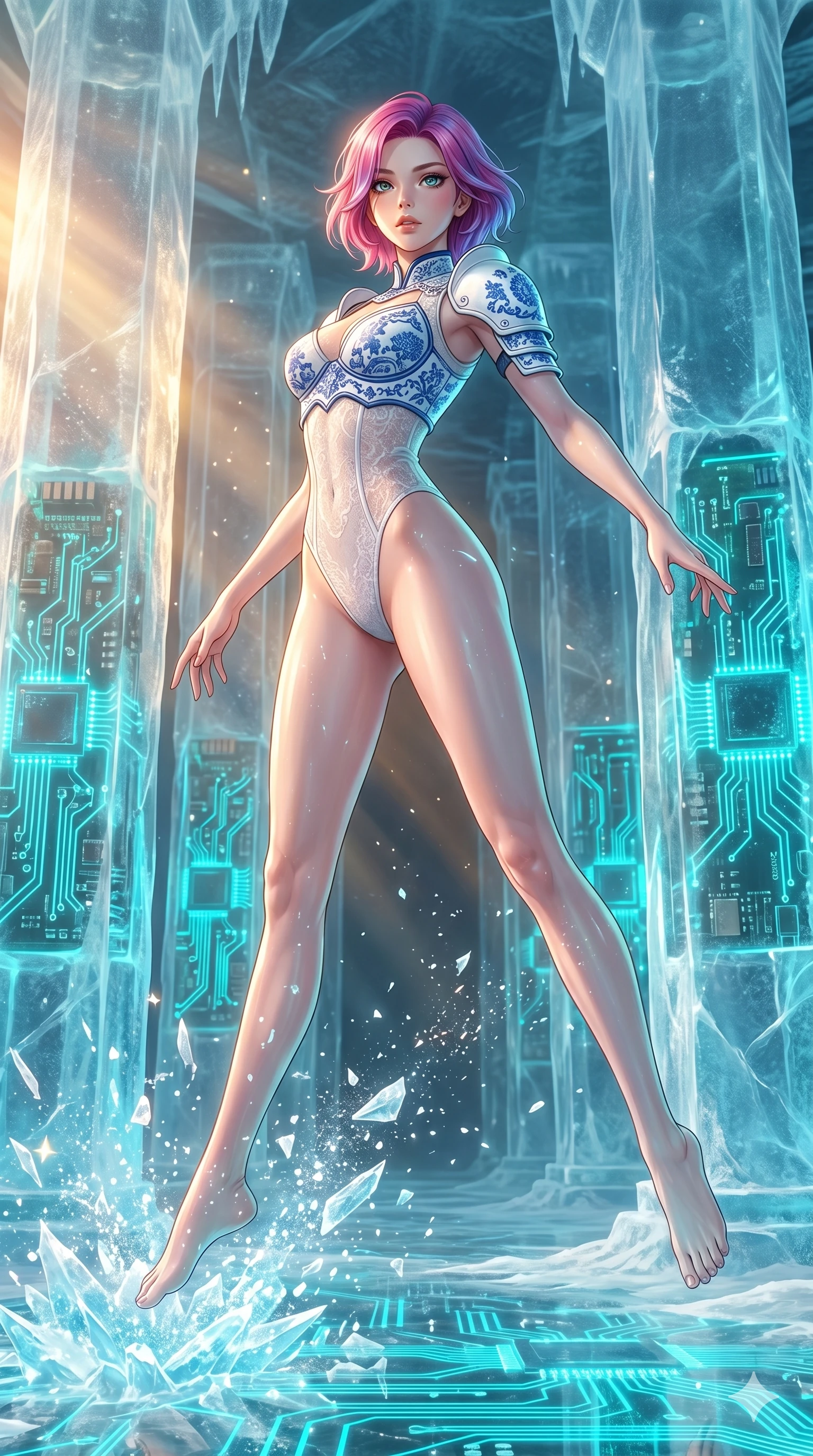 score_9, masterpiece, best quality, ultra-detailed, high-budget anime keyframe, Japanese woman. low angle full-body shot filling the entire 9:16 frame with her statuesque presence, stretching the vertical silhouette. leaping inside a sub-zero cybernetic ice temple, where glowing neon cyan computer circuit boards are frozen within translucent ice pillars, fracturing ice crystals into sparkles around her. She has an absolutely perfect 8-heads proportion, an exceptionally tall and slender female figure with impossibly long slender legs and an ultra-slim waist. V-shaped jawline, high-bridge nose, intricate jewel-like eyes with depth, thick eyelashes, glossy lips with a natural sheen.. wearing a porcelain and lace armor fusion, featuring a white hard shoulder plate with blue porcelain patterns and a semi-opaque white lace corset bodysuit with a refined high-cut silhouette. showcasing a beautiful play of light and shadow, with warm golden rays clashing against cool cyan highlights. 2k, ultra detail, master piece, 9:16 ratio