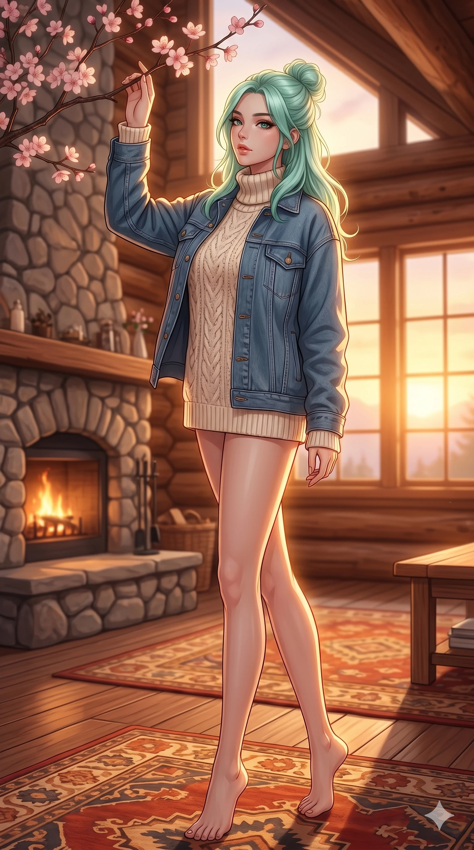 score_9, masterpiece, best quality, ultra-detailed, high-budget anime keyframe, editorial fashion photography, tasteful artistic composition, Japanese woman. low angle full-body shot from head to toe showing her feet, filling the entire 9:16 vertical frame with her statuesque presence, stretching her vertical silhouette. reaching up to touch a cherry blossom, looking over her shoulder with a magnetic, sultry gaze inside a cozy mountain lodge cabin with a stone fireplace and warm rugs (Code-P18-057). She has an absolutely perfect 8-heads proportion, an exceptionally tall and slender female figure with impossibly long slender legs and an ultra-slim waist. V-shaped jawline, high-bridge nose, intricate jewel-like eyes with depth, thick eyelashes, glossy lips with a natural sheen. wearing a high-neck cozy knit sweater under a denim jacket. warm sunset light pouring through the windows, casting a warm glowing aura on her. 2k, ultra detail, master piece, 9:16 ratio