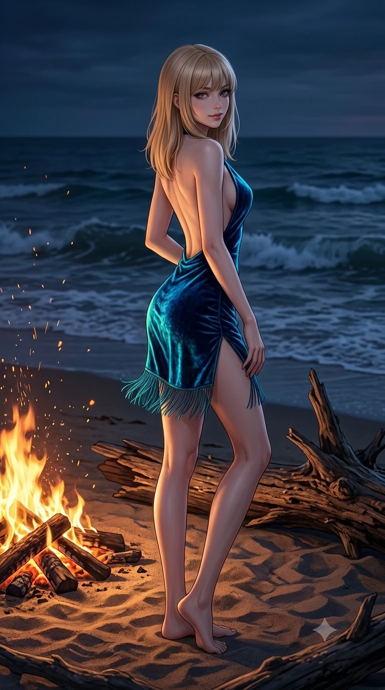 score_9, masterpiece, best quality, ultra-detailed, high-budget anime keyframe, semi-realistic 3D game render, editorial fashion photography, tasteful artistic composition, Japanese woman. low angle full-body shot from head to toe showing her feet, filling the entire 9:16 vertical frame with her statuesque presence, stretching her vertical silhouette. sitting poised on the warm marble steps with one knee bent, arching her spine with supermodel elegance as she glances upward through thick eyelashes while standing poised at the edge of the bonfire glow, looking back over her bare shoulder with an enchanting, smoldering gaze as the tide rolls in. The surrounding environment is rendered in vivid detail and crisp panoramic clarity: sharp driftwood grain texture, glowing wood embers with floating sparks, and fine white sand granules in deep focus. She has an absolutely perfect, statuesque 8.5-heads proportion, an exceptionally tall and slender model-like female figure with impossibly long slender legs, an ultra-slim waist, a flat toned midriff, narrow delicate ribcage, and beautifully sculpted feminine hips creating a graceful, slim hourglass silhouette without any bulky heaviness. sharp v-shaped jawline, high-bridge nose, sparkling eyes with hypnotic seductive depth, thick curled eyelashes, glossy parted lips with a natural dewy peach sheen, alluring bedroom-eyes with an enchanting coquettish smile, exuding magnetic siren charisma and sophisticated glamour, flawlessly proportioned anatomical accuracy, strict slender model proportions, natural body alignment, perfectly sculpted long slender limbs, ultra-slim waistline, clean dynamic posture without body distortion. wearing a backless crushed velvet mini dress with a deep plunging neckline and hip-high thigh slit in deep Capri grotto sapphire and glowing electric teal, tailored from heavy double-faced silk georgette with an exceptionally fluid drape, finished with a delicate silk fringe trim fluttering along her hip line with kinetic charm, the form-contouring material adhering flawlessly to her sculpted flat midriff and slender torso, emphasizing her long leg lines and perfectly proportioned willowy build. bathed in the dramatic dual contrast of warm dancing 2000K firelight on her front and cool deep indigo 5000K twilight on her back. highly saturated vibrant anime colors, detailed shading with soft gradients, rich glossy textures, high-contrast stereoscopic depth, volumetric dynamic lighting, master piece, 9:16 ratio