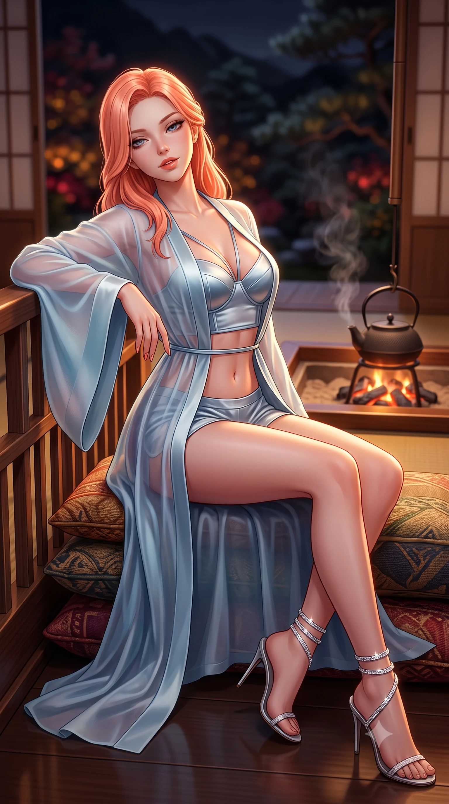 score_9, masterpiece, best quality, ultra-detailed, high-budget anime keyframe, semi-realistic 3D game render, editorial fashion photography, tasteful artistic composition, Japanese woman. close-up cowboy shot from the waist and thighs up, the character dominates the composition, filling the frame with her large presence. leaning back against the balustrade with relaxed seductive grace, head tilted back slightly while casting a hypnotic, heavy-lidded gaze while sitting gracefully in a relaxed side drape on the plush woven cushions, flashing an enchanting smile with parted glossy lips. The background shows a soft-focus glowing charcoal embers in the bronze irori hearth, cast-iron tea kettle steam, and dark Kiso mountain pines outside blurred into ruby, amber, and charcoal bokeh. She has an exceptionally elegant, slender, and willowy female figure with an ultra-slim waist, flat toned midriff, narrow ribcage, and sculpted feminine hips creating an alluring, slim hourglass silhouette without bulk. sharp v-shaped jawline, high-bridge nose, intricate jewel-like sparkling eyes with depth, thick eyelashes, glossy parted lips with a natural peach sheen, bright cheerful beaming smile with an enchanting and coquettish sensual glint, exuding both youthful cute charm and seductive allure, flawlessly proportioned anatomical accuracy, strict slender model proportions, natural body alignment, perfectly sculpted long slender limbs, ultra-slim waistline, clean dynamic posture without body distortion. wearing a translucent gossamer silk robe with wide kimono sleeves worn open over a strappy satin demi-bustier and micro-shorts in Tromsø icy arctic blue and frosted platinum, tailored from ultra-plush silk velvet with rich tactile depth and deep shadow gradients, complemented by strappy stiletto sandals with crystal ankle wraps accentuating her slender calves, the glove-like clinging cut tightly following the natural contour of her hips and long slender legs with youthful 8.5-heads elegance. illuminated by polished floor bounce and sharp copper-gold rim lights defining her razor-sharp jawline, narrow waist, and curvy hips. highly saturated vibrant anime colors, detailed shading with soft gradients, rich glossy textures, high-contrast stereoscopic depth, volumetric dynamic lighting, master piece, 9:16 ratio