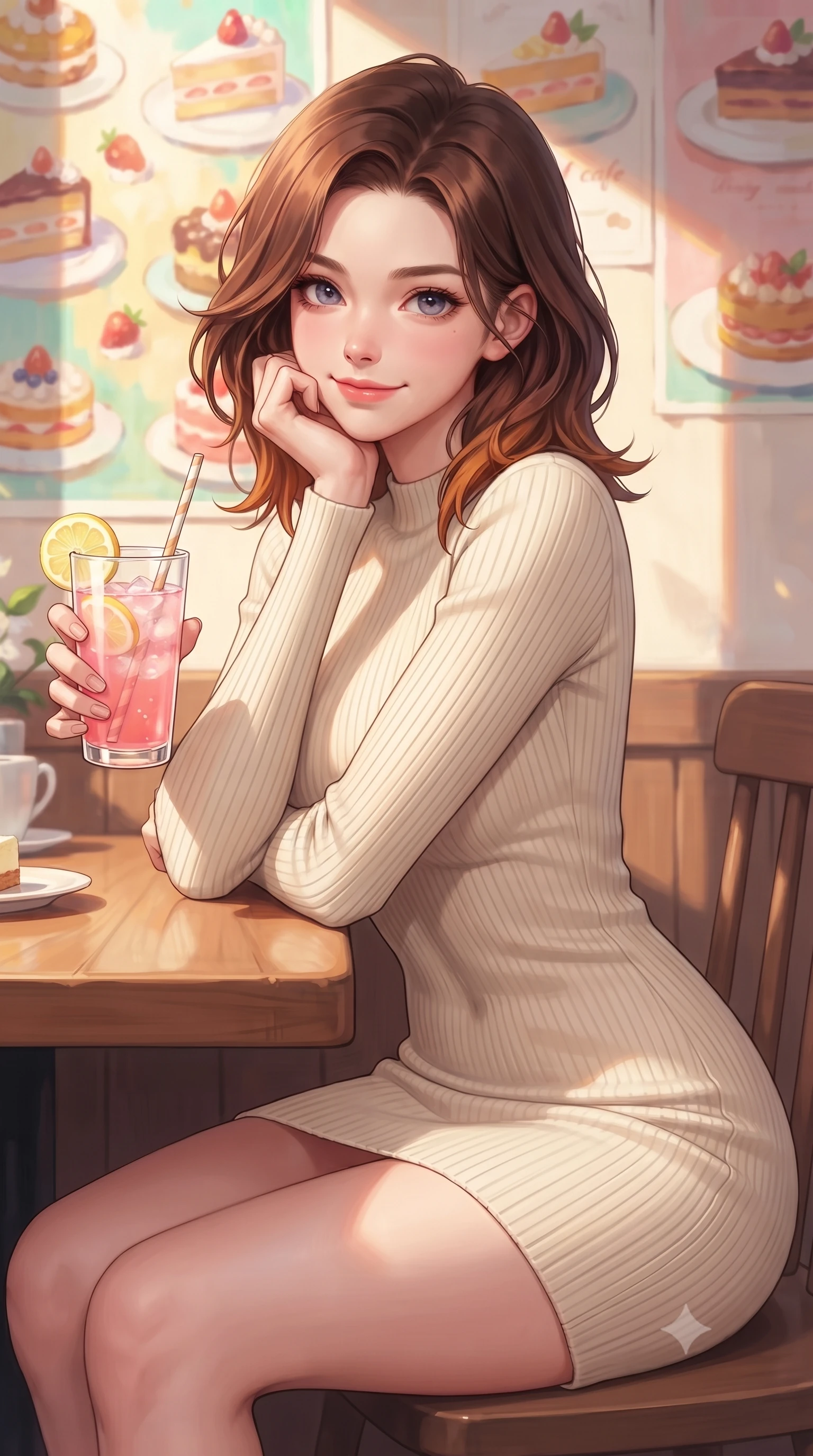 score_9, masterpiece, best quality, ultra-detailed, high-budget anime keyframe, editorial fashion photography, tasteful artistic composition, Korean woman. close-up cowboy shot from the waist and thighs up, the character dominates the composition, filling the frame with her large presence, background elements kept in soft focus. smiling cutely while resting her chin on her hand, looking directly into the lens set against a soft-focus background of in a cozy dessert cafe corner decorated with colorful cake paintings holding a glass of pink lemonade with a playful, cute smile. She has an exceptionally elegant, slender, and willowy female figure with an ultra-slim waist, a gracefully sculpted slender torso, and a refined silhouette. sharp v-shaped jawline, high-bridge nose, intricate jewel-like eyes with depth, thick eyelashes, glossy lips with a natural sheen. wearing body-hugging form-fitting ribbed knit dress in cream, contouring her slender silhouette. crisp morning sun rays creating a fresh and energetic breakfast atmosphere. highly saturated vibrant anime colors, detailed shading with soft gradients, rich glossy textures, high-contrast stereoscopic depth, volumetric dynamic lighting, master piece, 9:16 ratio