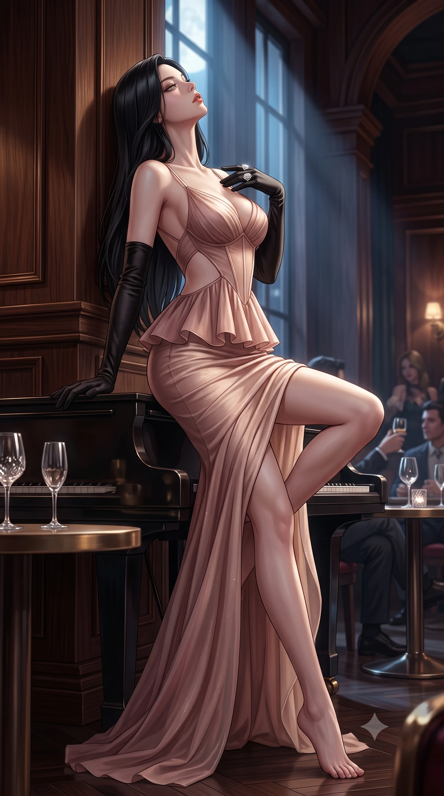 score_9, masterpiece, best quality, ultra-detailed, high-budget anime keyframe, semi-realistic 3D game render, editorial fashion photography, tasteful artistic composition, Korean woman. low angle full-body shot from head to toe showing her feet, filling the entire 9:16 vertical frame with her statuesque presence, stretching her vertical silhouette. leaning deep against the structural architecture with hips cocked in an unapologetically bold, seductive high-fashion stance while stretching languidly on the piano lid with one knee raised and head tilted back in musical ecstasy, moonlight tracing her throat and hips. The surrounding environment is rendered in vivid detail and crisp panoramic clarity. rich high-contrast neo-noir chiaroscuro and sophisticated jazz-club romance aesthetics in precision. She has an absolutely perfect, statuesque 8.5-heads proportion, an exceptionally tall and slender model-like female figure with impossibly long slender legs, a toned flat midriff, an ultra-slim waist, and beautifully sculpted feminine hips. sharp v-shaped jawline, high-bridge nose, intricate jewel-like eyes with depth, thick eyelashes, glossy parted lips with a natural sheen, intensely captivating and seductive bedroom-eyes expression, flawlessly proportioned anatomical accuracy, strict slender model proportions, natural body alignment, perfectly sculpted long slender limbs, ultra-slim waistline, clean dynamic posture without body distortion. wearing a modern peplum corset dress with side-waist diamond cutouts and an ultra-tight silhouette in dusky blush rose and champagne shimmer, woven from layered gossamer chiffon with a weightless sweeping drape, accessorized with opera-length black satin gloves and a sparkling cocktail ring, the precision-cut side openings and low-back scoop framing her graceful spine and the sensual sweep of her hips. illuminated by sleek metallic reflections sculpting her sculpted collarbones, ultra-slim waist, and curvy hips. highly saturated vibrant anime colors, detailed shading with soft gradients, rich glossy textures, high-contrast stereoscopic depth, volumetric dynamic lighting, master piece, 9:16 ratio