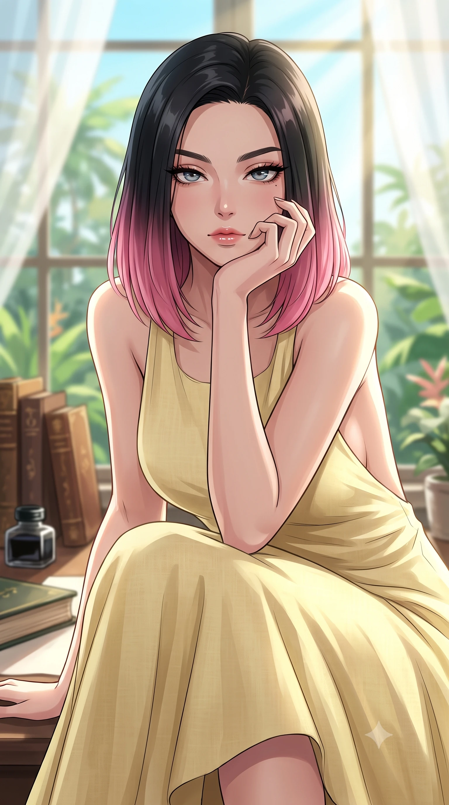 score_9, masterpiece, best quality, ultra-detailed, high-budget anime keyframe, tasteful artistic composition, Korean woman. close-up cowboy shot from the waist and thighs up, the character dominates the composition, filling the frame with her large presence, background elements kept in soft focus. resting her chin on the backs of her fingers, casting a heavy-lidded, sultry look past the camera the background shows a soft-focus a quiet writing desk in a sunroom, facing a tropical botanical garden. She has an exceptionally elegant, slender, and willowy female figure with an ultra-slim waist, a gracefully sculpted slender torso, and a refined silhouette. sharp v-shaped jawline, high-bridge nose, intricate jewel-like eyes with depth, thick eyelashes, glossy lips with a natural sheen. wearing a tailored backless summer sundress in pale yellow linen, showing her elegant shoulder blades. bright morning sun rays creating fresh and energetic shadows. highly saturated vibrant anime colors, cel-shading, 2d style, master piece, 9:16 ratio
