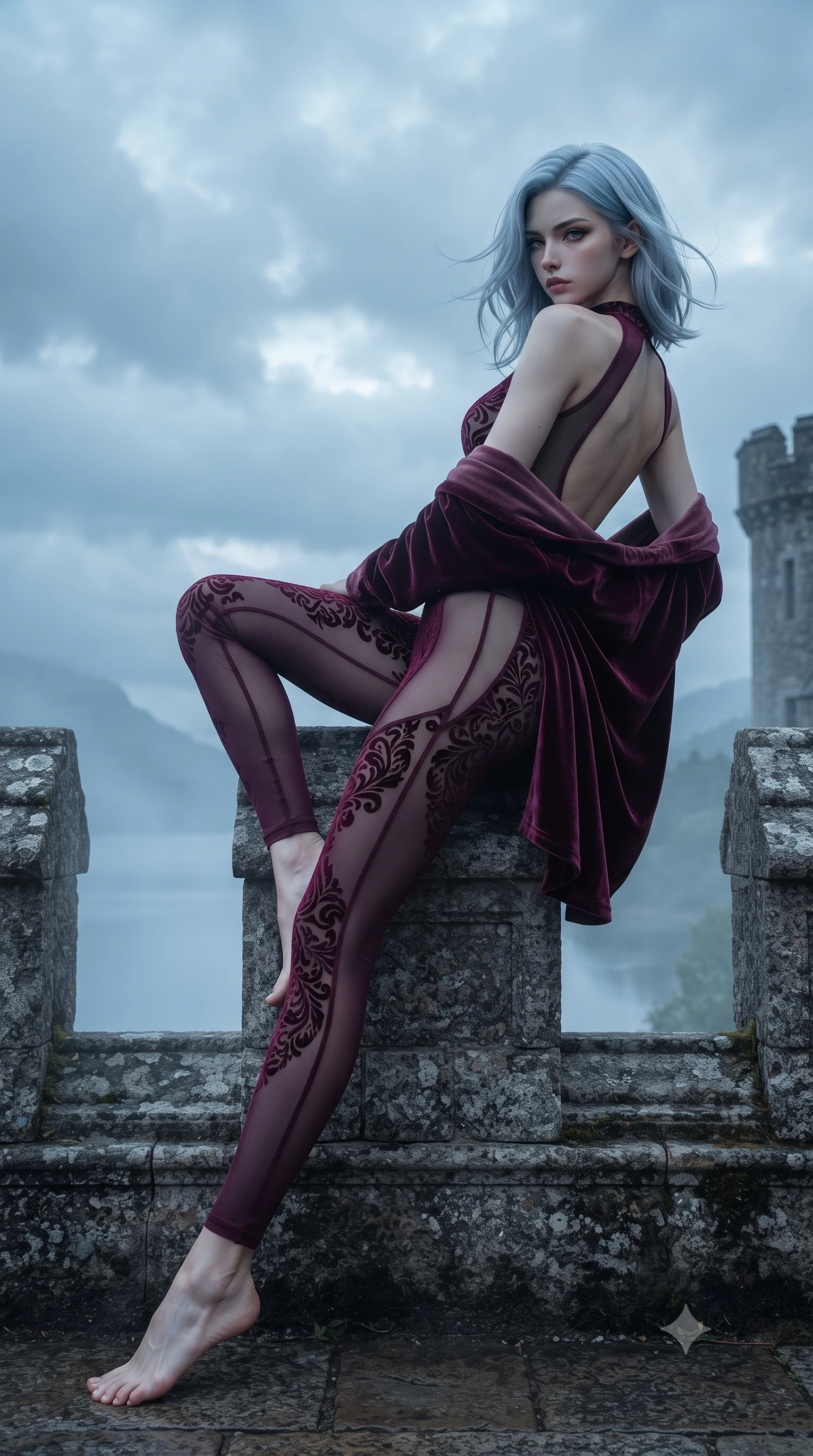 score_9, masterpiece, best quality, ultra-detailed, high-budget anime keyframe, editorial fashion photography, tasteful artistic composition, Korean woman. low angle full-body shot from head to toe showing her feet, filling the entire 9:16 vertical frame with her statuesque presence, stretching her vertical silhouette. reclining on her side in an elegant Cleopatra pose with one knee drawn up, the dramatic contour of her rounded hips and long slender legs commanding the 9:16 vertical frame while leaning against the granite castle battlements with hips cocked back, looking over her bare shoulder with fierce, smoldering bedroom-eyes. The surrounding environment is rendered in vivid detail and crisp panoramic clarity. detailed heavy knit and velvet texture, wind-whipped hair strands, and dramatic cloud layers in high resolution. She has an exceptionally tall and slender model-like 8.5-heads proportion, an ultra-slim waist, a flat toned midriff, narrow delicate ribcage, and beautifully sculpted feminine hips creating a graceful, slim hourglass silhouette without any bulky heaviness, with impossibly long slender legs. sharp v-shaped jawline, high-bridge nose, intricate jewel-like eyes with depth, thick eyelashes, glossy parted lips with a natural sheen, intensely captivating and seductive bedroom-eyes expression, flawlessly proportioned anatomical accuracy, strict slender model proportions, natural body alignment, perfectly sculpted long slender limbs, ultra-slim waistline, clean dynamic posture without body distortion. wearing a second-skin compression catsuit with an open back and sheer mesh side waist contouring in deep wine burgundy and brushed dark platinum, made of sheer contouring power-mesh with velvet flocking patterns, complemented by a plush velvet shawl draped loosely over her elbows, the form-contouring material adhering flawlessly to her sculpted flat midriff and slender torso, emphasizing her long leg lines and perfectly proportioned willowy build. illuminated by cool misty ambient loch light softly contouring her razor-sharp jawline, narrow waist, and curvy hips. ultra-reflective glossy finish, specular highlights, rich textural contrasts, high-contrast stereoscopic depth, volumetric dynamic lighting, 2k, ultra detail, master piece, 9:16 ratio