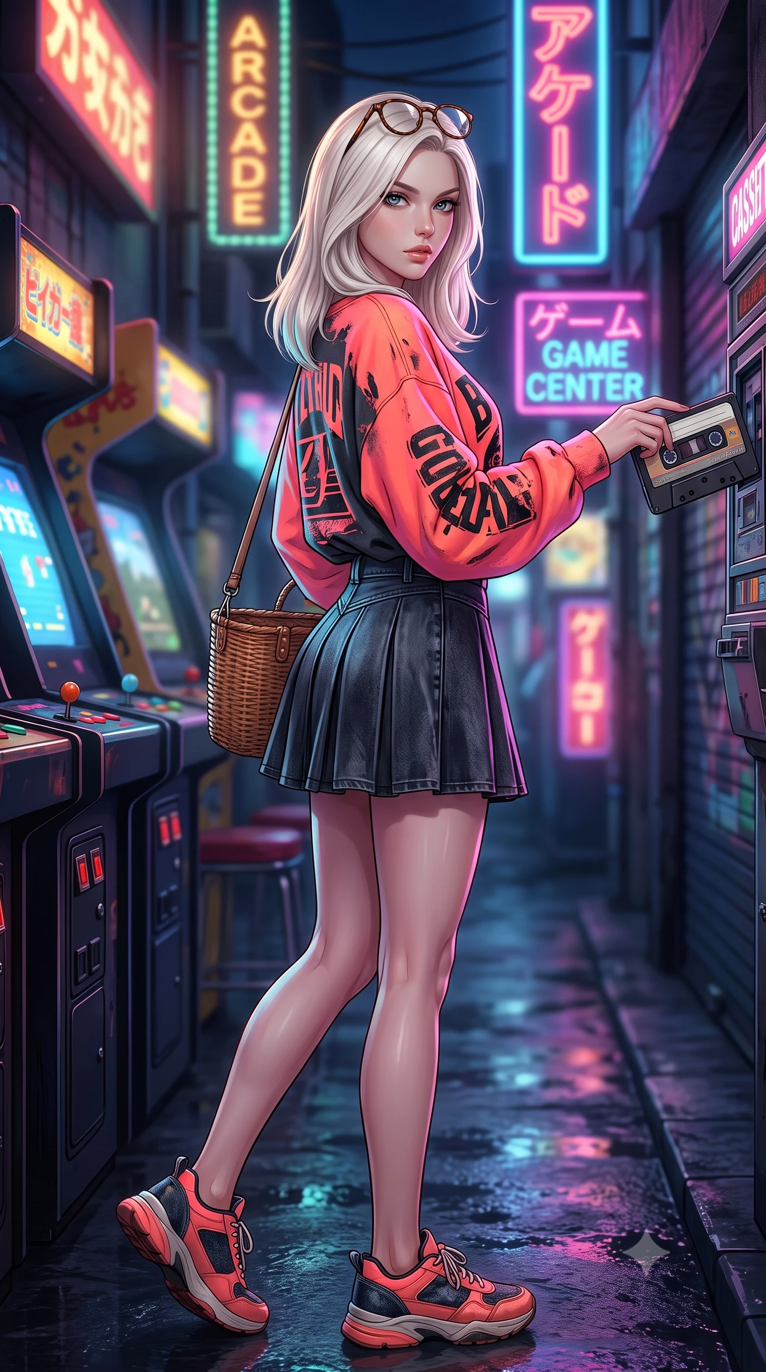 score_9, masterpiece, best quality, ultra-detailed, high-budget anime keyframe, semi-realistic 3D game render, editorial fashion photography, tasteful artistic composition, Caucasian woman. close-up cowboy shot from the waist and thighs up, the character dominates the composition, filling the frame with her large presence. turning over her shoulder with an indomitable, smoldering gaze, her soft hair framing her razor-sharp v-shaped jawline while stepping out of the arcade into the neon-lit alleyway, adjusting her cassette tape player with supreme retro cool. The composition keeps background elements in soft focus with creamy bokeh. flickering coin-slot lights and pixel scanline glints scattering vibrant nostalgic light motes. She has an exceptionally elegant, slender, and willowy female figure with an ultra-slim waist, a gracefully sculpted slender torso, toned flat midriff, and a refined slim silhouette. sharp v-shaped jawline, high-bridge nose, intricate jewel-like eyes with depth, thick eyelashes, glossy lips with a natural sheen, captivating and magnetic expression, flawlessly proportioned anatomical accuracy, strict slender model proportions, natural body alignment, perfectly sculpted long slender limbs, ultra-slim waistline, clean dynamic posture without body distortion. wearing a vibrant retro graphic oversized sweatshirt paired with a pleated tennis skirt and chunky sneakers in retro neon coral and washed black denim, crafted from distressed supple genuine leather and soft ribbed cotton knit, accessorized with a rustic woven wicker basket bag and round tortoiseshell glasses, the liquid-tight tailored fabric emphasizing every curve of her tall, slender model proportions and sculptured silhouette during dynamic movement. surrounded by a playful, energetic, and delightfully charming 80s arcade sweetheart aura. highly saturated vibrant anime colors, detailed shading with soft gradients, rich glossy textures, high-contrast stereoscopic depth, volumetric dynamic lighting, master piece, 9:16 ratio