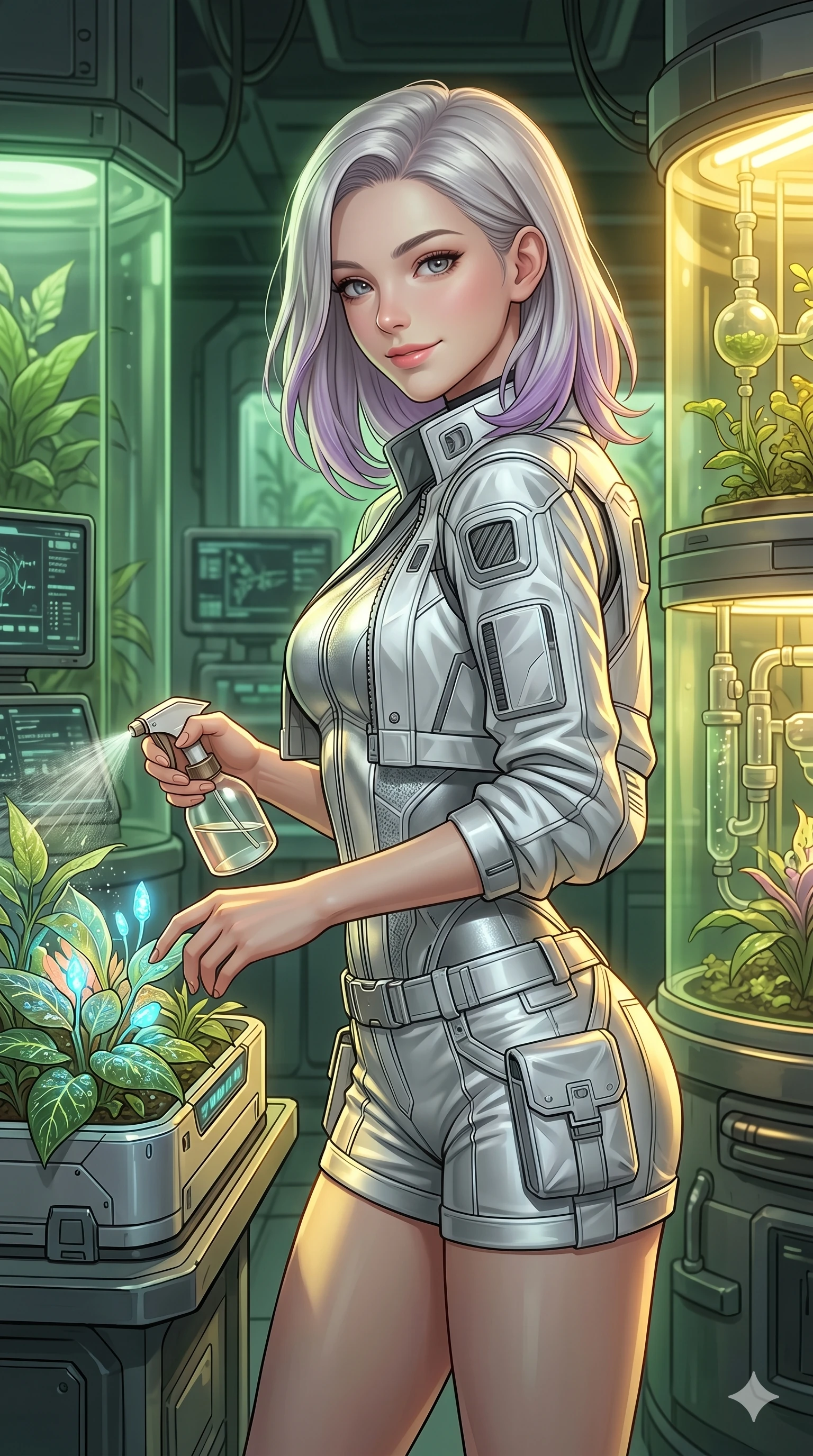 score_9, masterpiece, best quality, ultra-detailed, high-budget anime keyframe, editorial fashion photography, tasteful artistic composition, Caucasian woman, strictly human ears. Upper body close-up from the thighs up, character filling the screen for maximum presence. Inside a space station biological lab, tending to plants, holding a small watering spray, looking back with a gentle smile. She is wearing a cropped lab jacket over a structured silver bodice and shorts. The scene is lit by warm yellow grow lights and soft green ambient light. 2k, ultra detail, master piece, 9:16 ratio