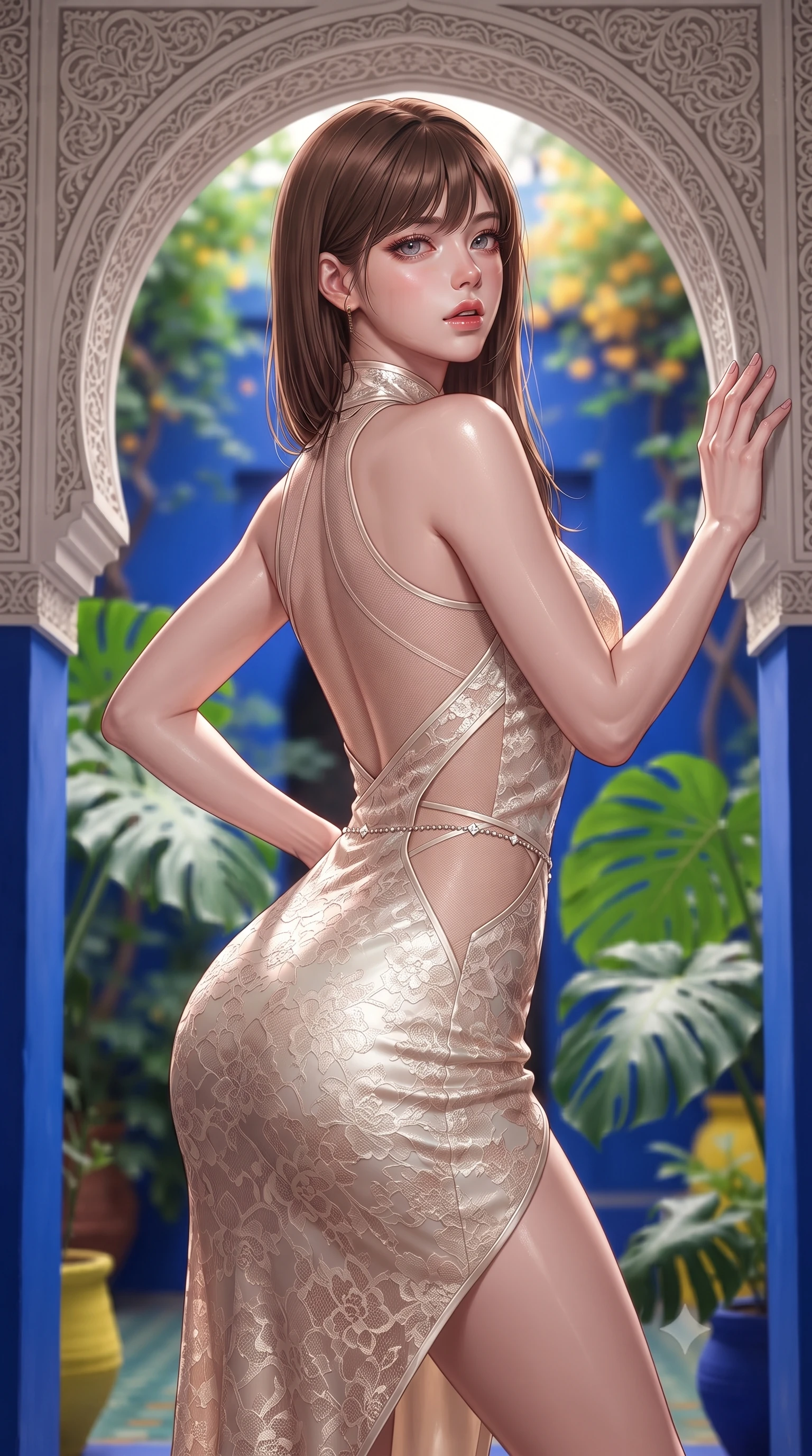 score_9, masterpiece, best quality, ultra-detailed, high-budget anime keyframe, editorial fashion photography, tasteful artistic composition, Korean woman. close-up cowboy shot from the waist and thighs up, the character dominates the composition, filling the frame with her large presence. posing in an alluring rear three-quarter angle, arching her lower back in a pronounced S-curve with one hand on her hip, glancing seductively over her bare shoulder with parted glossy lips while leaning against an ornate horseshoe archway carved with delicate stucco lace, looking back over her bare shoulder with sun-dazed bedroom-eyes. The composition keeps background elements in soft focus with creamy bokeh. vibrant cobalt-blue courtyard walls and giant monstera fronds blurred into electric lapis, emerald, and saffron-gold bokeh. She has an exceptionally elegant, slender, and willowy female figure with an ultra-slim waist, flat toned midriff, narrow ribcage, and sculpted feminine hips creating an alluring, slim hourglass silhouette without bulk. sharp v-shaped jawline, high-bridge nose, intricate jewel-like eyes with depth, thick eyelashes, glossy parted lips with a natural sheen, intensely captivating and seductive bedroom-eyes expression, flawlessly proportioned anatomical accuracy, strict slender model proportions, natural body alignment, perfectly sculpted long slender limbs, ultra-slim waistline, clean dynamic posture without body distortion. wearing a wet-look silk fusion wrap dress with asymmetrical sheer mesh cutouts and high Mandarin collar in vintage champagne ivory and delicate rose gold, formed from shimmering floral lace over smooth opaque silk lining, accented with a dainty diamond waist chain catching the ambient light reflections, the form-contouring material adhering flawlessly to her sculpted flat midriff and slender torso, emphasizing her long leg lines and perfectly proportioned willowy build. illuminated by wet specular pool highlights accentuating her slender neckline, narrow waist, and curvy hips. ultra-reflective glossy finish, specular highlights, rich textural contrasts, high-contrast stereoscopic depth, volumetric dynamic lighting, 2k, ultra detail, master piece, 9:16 ratio