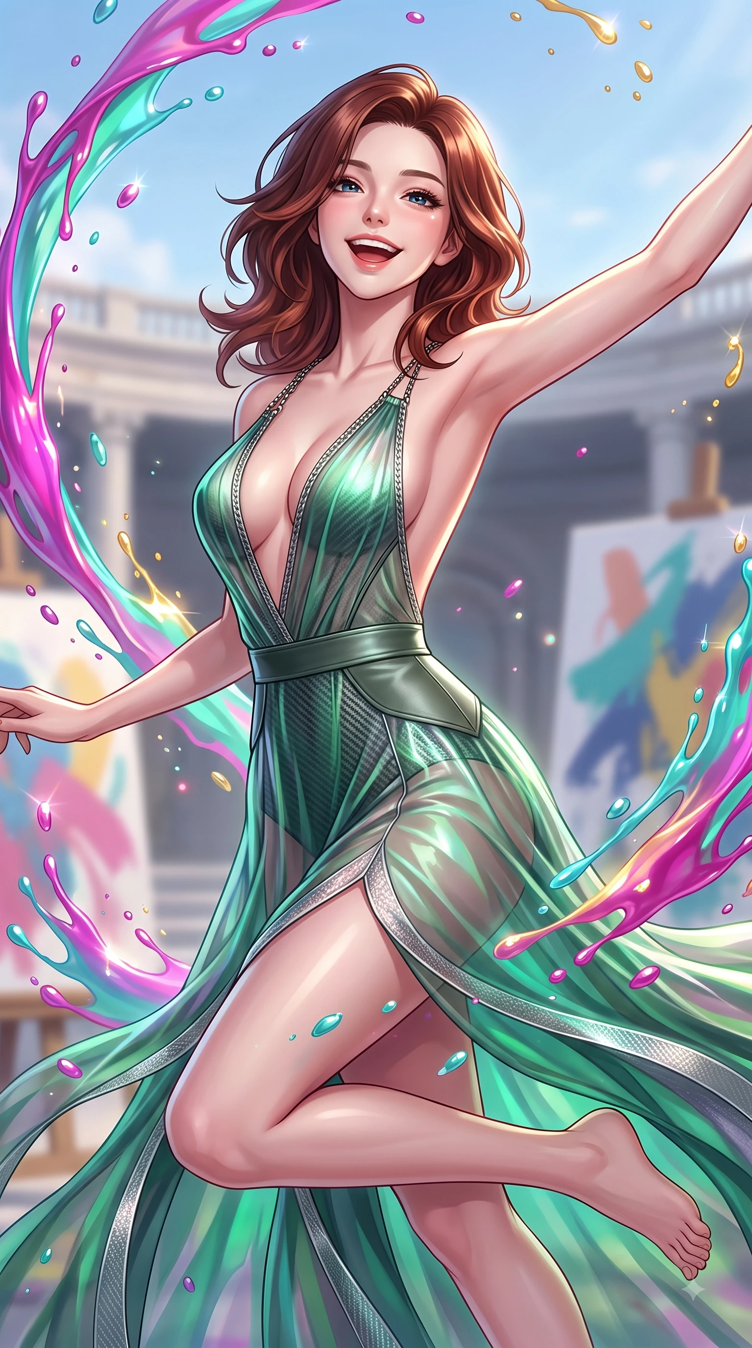 score_9, masterpiece, best quality, ultra-detailed, high-budget anime keyframe, editorial fashion photography, tasteful artistic composition, Korean woman. close-up cowboy shot from the waist and thighs up, the character dominates the composition, filling the frame with her large presence, background elements kept in soft focus. Tilting her chin up with a beaming smile of pure delight while balancing dynamically amidst the scene while leaping dynamically through the air with a radiant laughing expression on an open art stage, paint droplets catching sharp specular highlights as she turns with a beaming smile. She has an exceptionally elegant, slender, and willowy female figure with an ultra-slim waist, a gracefully sculpted slender torso, and a refined silhouette. sharp v-shaped jawline, high-bridge nose, intricate jewel-like eyes with depth, thick eyelashes, glossy lips with a natural sheen, flawlessly proportioned anatomical accuracy, natural body alignment, perfectly sculpted elegant limbs, clean dynamic posture without body distortion. wearing a translucent iridescent chiffon gown with a plunging neckline and open back in deep emerald green and silver accent, made of fine carbon-fiber weave and soft matte leather, adorned with delicate metallic chain straps along the neckline, the glove-like fit emphasizing her statuesque silhouette during motion. surrounded by a radiant glow of magenta, aqua, and golden fluid highlights. highly saturated vibrant anime colors, detailed shading with soft gradients, rich glossy textures, high-contrast stereoscopic depth, volumetric dynamic lighting, master piece, 9:16 ratio