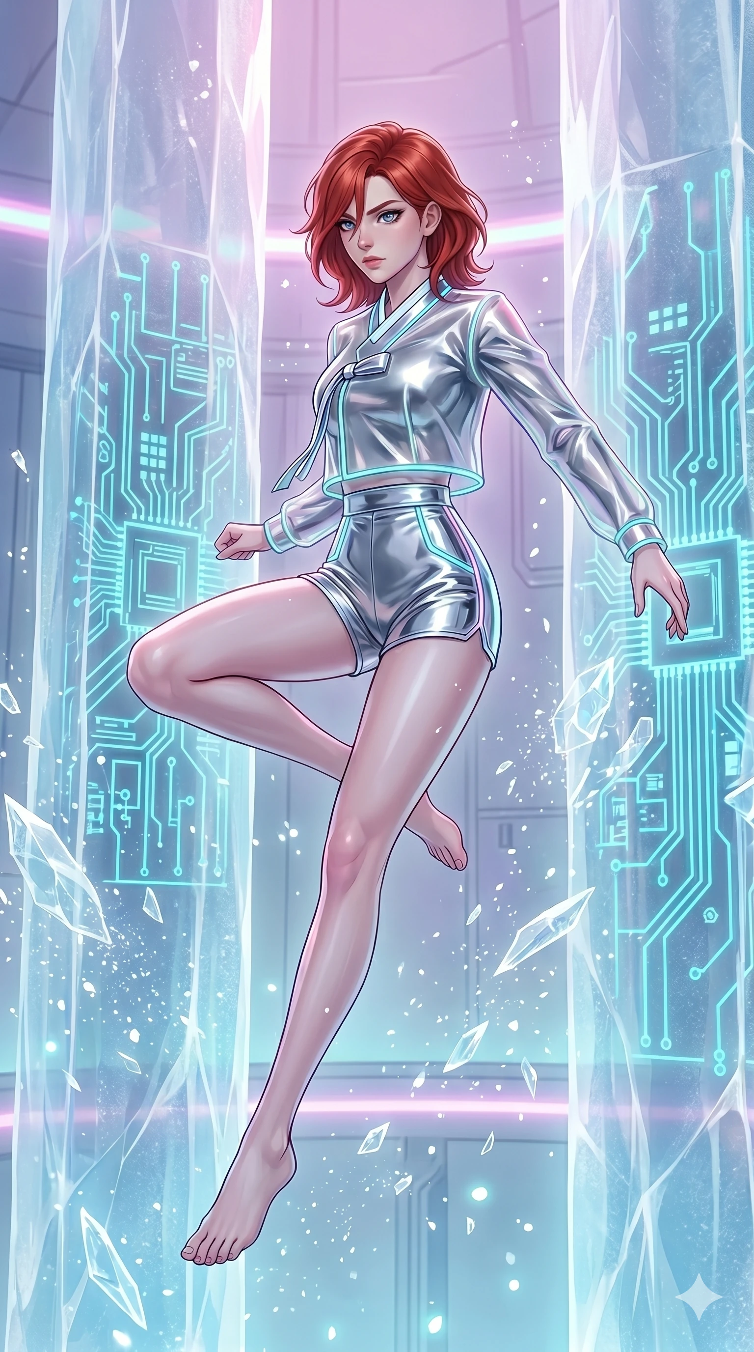 score_9, masterpiece, best quality, ultra-detailed, high-budget anime keyframe, Caucasian woman, strictly human ears. upper body close-up from the thighs up, character filling the screen for maximum presence. leaping inside a sub-zero cybernetic ice temple, where glowing neon cyan computer circuit boards are frozen within transparent ice pillars, fracturing ice crystals into sparkles around her. She has an absolutely perfect 8-heads proportion, an exceptionally tall and slender female figure with impossibly long slender legs and an ultra-slim waist. V-shaped jawline, high-bridge nose, intricate jewel-like eyes with depth, thick eyelashes, glossy lips with a natural sheen.. wearing a vinyl liquid mercury fusion hanbok, featuring a translucent chrome-silver vinyl jeogori and high-waist micro-shorts, detailed with glowing neon wire trims and a tasteful chest slit. enhanced by a luminous pastel spectrum glow, casting elegant rim lights on her shoulders and jawline. 2k, ultra detail, master piece, 9:16 ratio