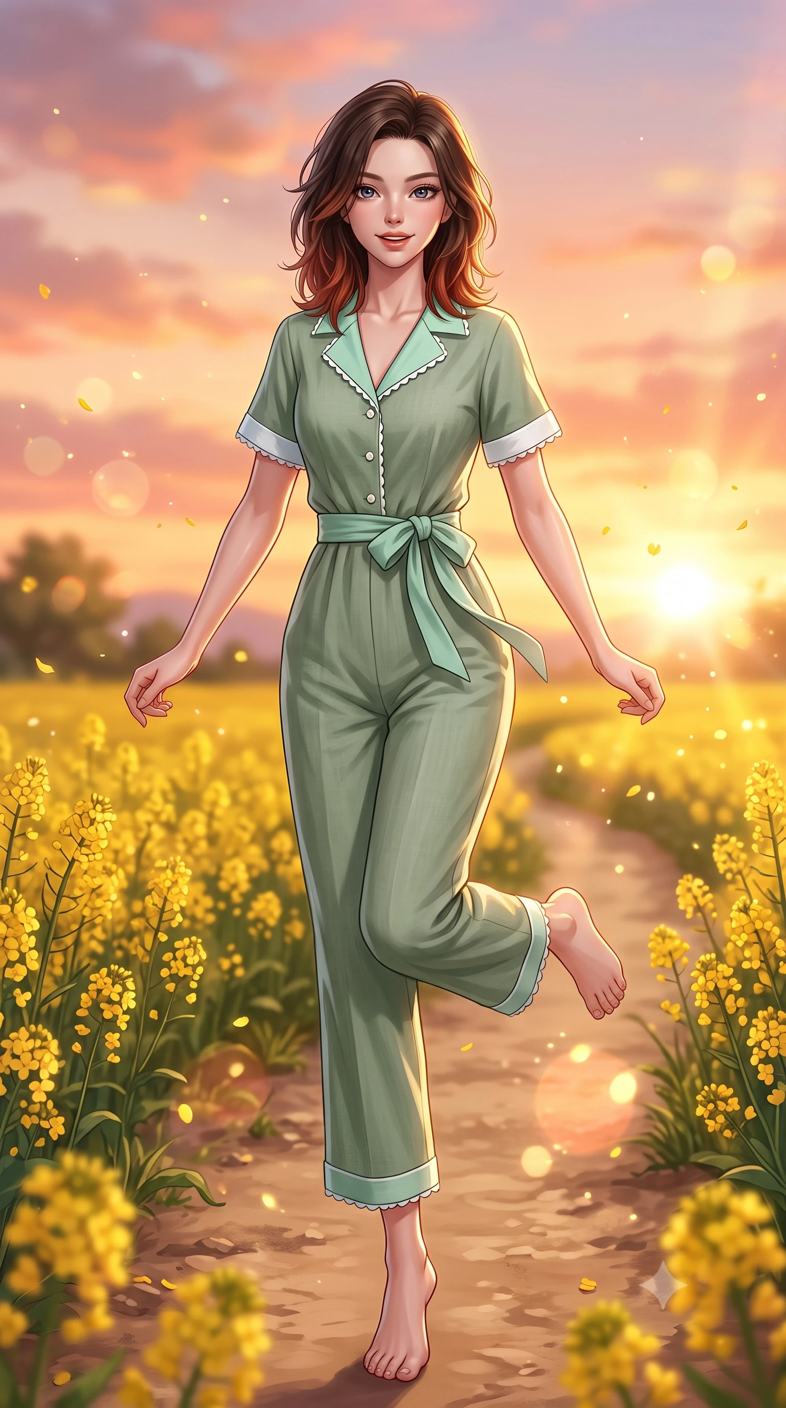 score_9, masterpiece, best quality, ultra-detailed, high-budget anime keyframe, semi-realistic 3D game render, editorial fashion photography, tasteful artistic composition, Korean woman. low angle full-body shot from head to toe showing her feet, filling the entire 9:16 vertical frame with her statuesque presence, stretching her vertical silhouette. standing poised on one leg with a playful hop and joyful expression, her long legs and slender figure highlighted against the landscape while walking gracefully along a winding dirt path bordered by golden canola blooms as the sunset paints the sky in pastel hues. The composition keeps background elements in soft focus with creamy bokeh. warm golden hour sunset rays and floating flower dust scattering radiant bokeh motes. She has an absolutely perfect, statuesque 8.5-heads proportion, an exceptionally tall and slender model-like female figure with impossibly long slender legs, a toned flat midriff, and an ultra-slim waist. sharp v-shaped jawline, high-bridge nose, intricate jewel-like eyes with depth, thick eyelashes, glossy lips with a natural sheen, pure and lovely fresh girlhood expression, flawlessly proportioned anatomical accuracy, strict slender model proportions, natural body alignment, perfectly sculpted long slender limbs, ultra-slim waistline, clean dynamic posture without body distortion. wearing a relaxed sage green linen jumpsuit with a tied waist sash and folded collar in refreshing mint green and crisp sea-salt white, tailored from crisp organic cotton poplin, finished with delicate scallop trims and tiny pearl buttons, the tailored casual silhouette highlighting her fresh and youthful presence and perfectly proportioned slender frame. surrounded by a heartwarming, radiant, and delightfully sunny countryside princess aura. highly saturated vibrant anime colors, detailed shading with soft gradients, rich glossy textures, high-contrast stereoscopic depth, volumetric dynamic lighting, master piece, 9:16 ratio