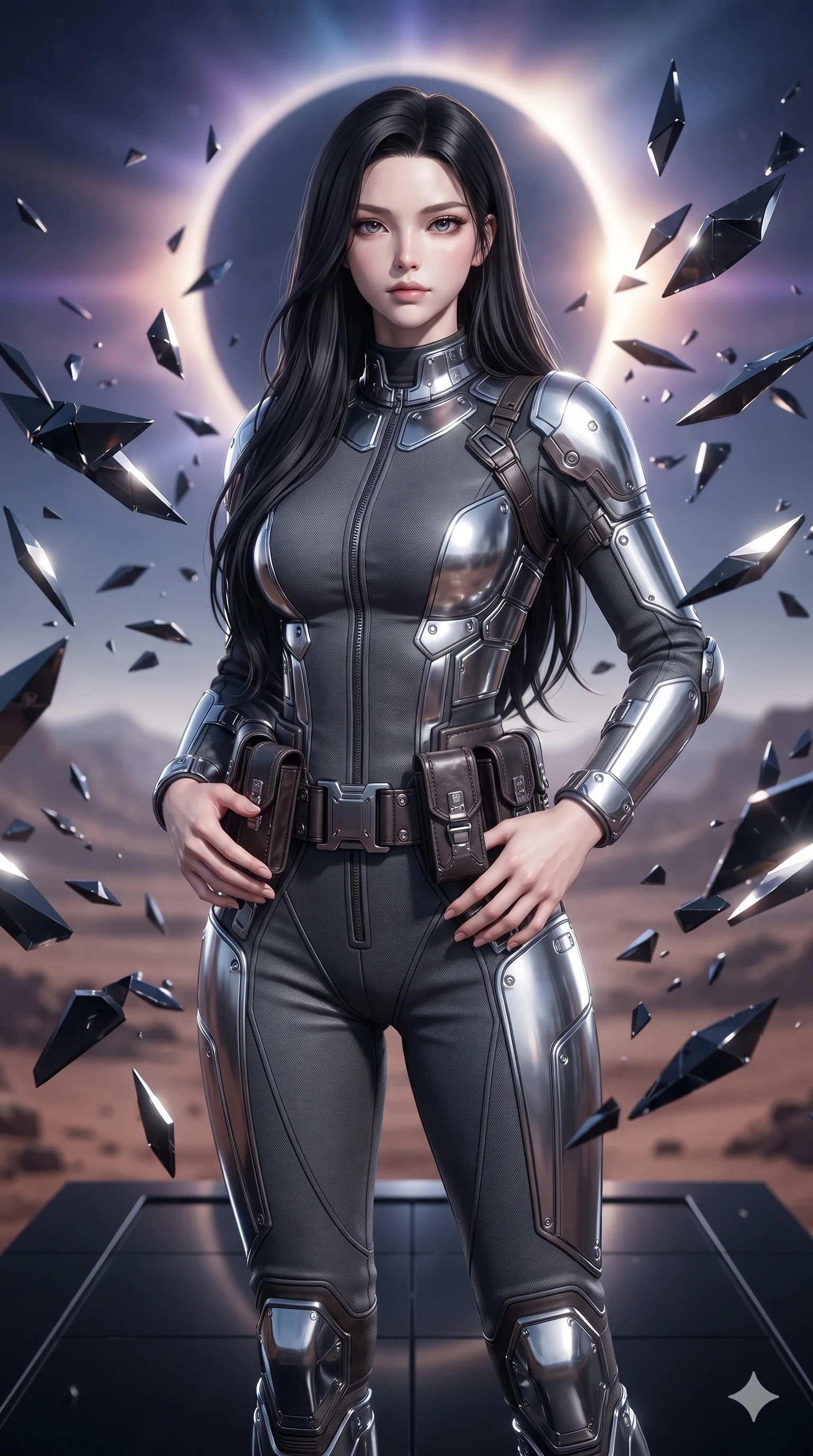 score_9, masterpiece, best quality, ultra-detailed, high-budget anime keyframe, editorial fashion photography, tasteful artistic composition, Korean woman. close-up cowboy shot from the waist and thighs up, the character dominates the composition, filling the frame with her large presence. resting both hands lightly on her tactical utility belt, arching her spine to highlight her narrow waist, flat midriff, and breathtaking collarbones while standing poised on a polished black platform as hundreds of geometric obsidian shards hover silently in mid-air, arching her spine with ethereal siren poise. The background shows a soft-focus atmospheric coronal ionization glow softened in eclipsed alien desert shallow focus. She has an exceptionally elegant, slender, and willowy female figure with an ultra-slim waist, flat toned midriff, narrow ribcage, and sculpted feminine hips creating an alluring, slim hourglass silhouette without bulk. sharp v-shaped jawline, high-bridge nose, intricate jewel-like sparkling eyes with depth, thick eyelashes, glossy parted lips with a natural sheen, bright confident smile with an enchanting and coquettish sensual glint, exuding both youthful magnetic charm and sovereign high-tech allure, flawlessly proportioned anatomical accuracy, strict slender model proportions, natural body alignment, perfectly sculpted long slender limbs, ultra-slim waistline, clean dynamic posture without body distortion. wearing a form-fitting zero-gravity EVA jumpsuit with an ultra-slim corseted waist and exposed clavicle line in charcoal grey and polished chrome, woven from stretch metallic lurex jersey casting radiant starlight glints across her curves, accented with illuminated micro-fiber optic circuit threads tracing along her ribs and spine, the bespoke structured tailoring following the natural line of her 8.5-heads silhouette with refined elegance. illuminated by reflective shard bounces and intense silver-white rim lights carving her sculpted collarbones, ultra-slim waist, and curvy hips. ultra-reflective glossy finish, specular highlights, rich textural contrasts, high-contrast stereoscopic depth, volumetric dynamic lighting, 2k, ultra detail, master piece, 9:16 ratio